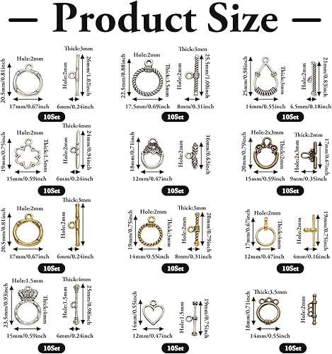 Miniatura 3 de Beadthoven - Juego de 120 broches de palanca de joyería tibetana, cierre de barra en T, conectores de palanca para collares, pulseras, joyería,