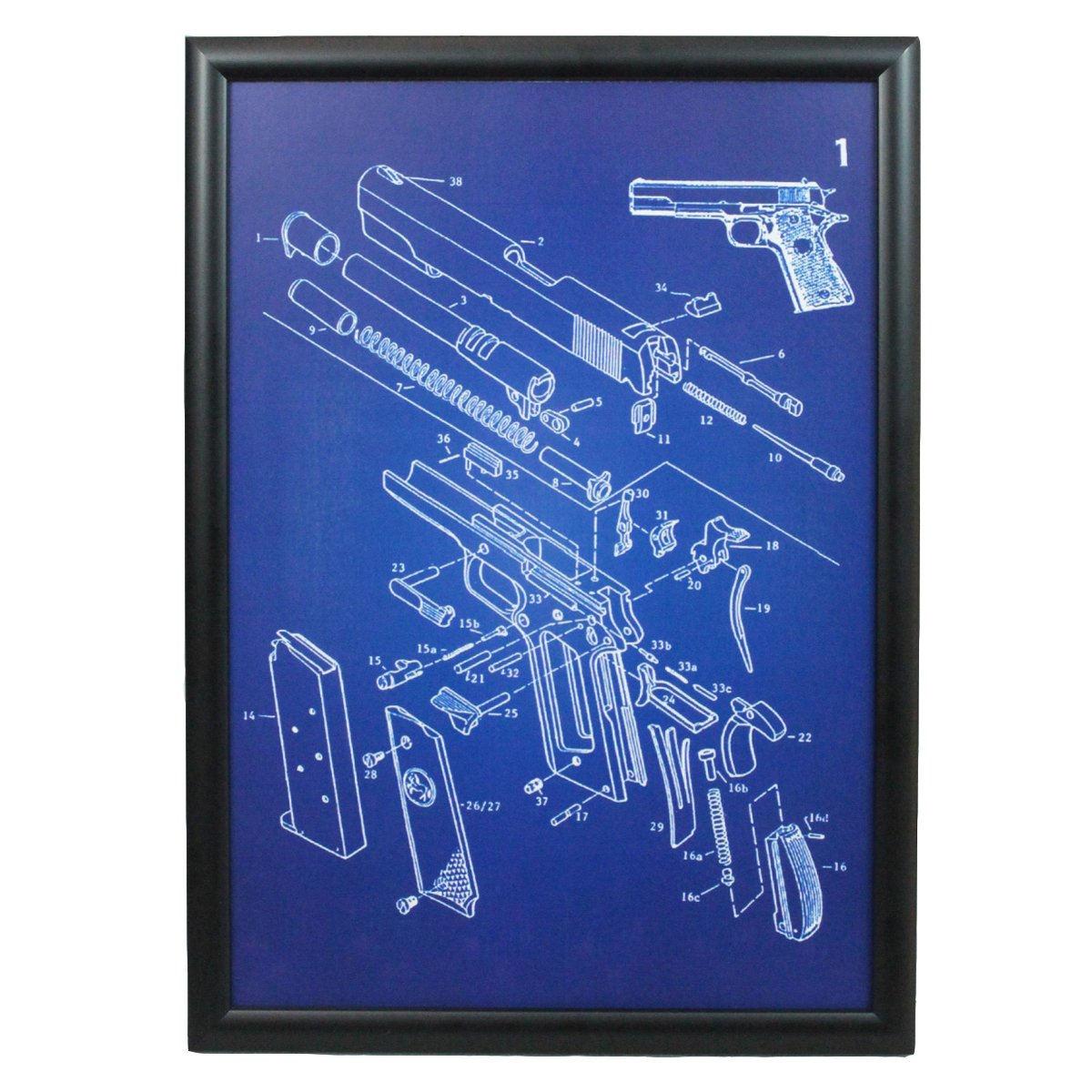 Epic Militaria Blue Background Vintage Style Ww2 Us Colt 1911 Pistol Framed Blueprint Artwork (Blue Background)