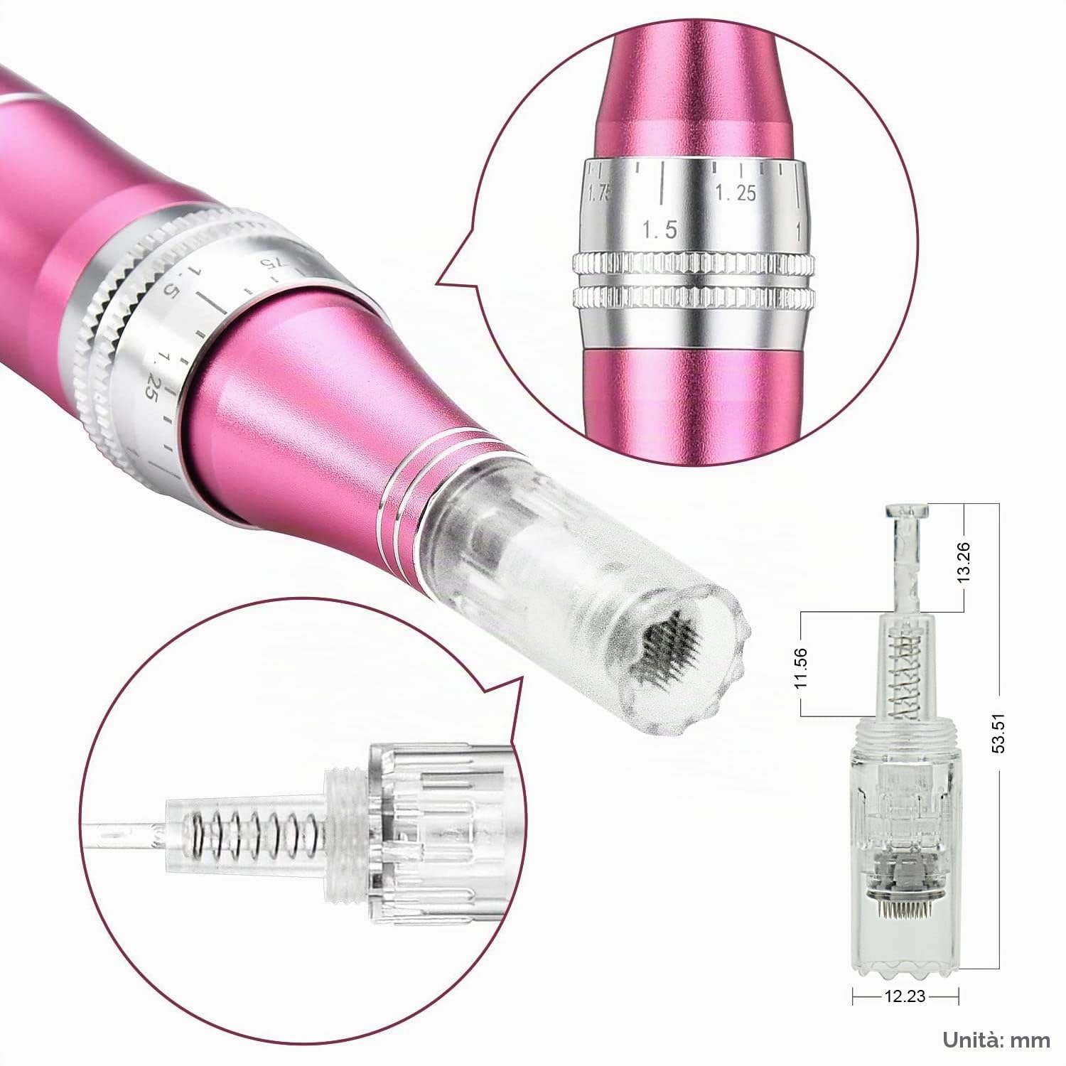 Derma Penna Elettrico a 7 marce wireless con Schermo LCD, 12 pezzi Cartucce (Rosa)