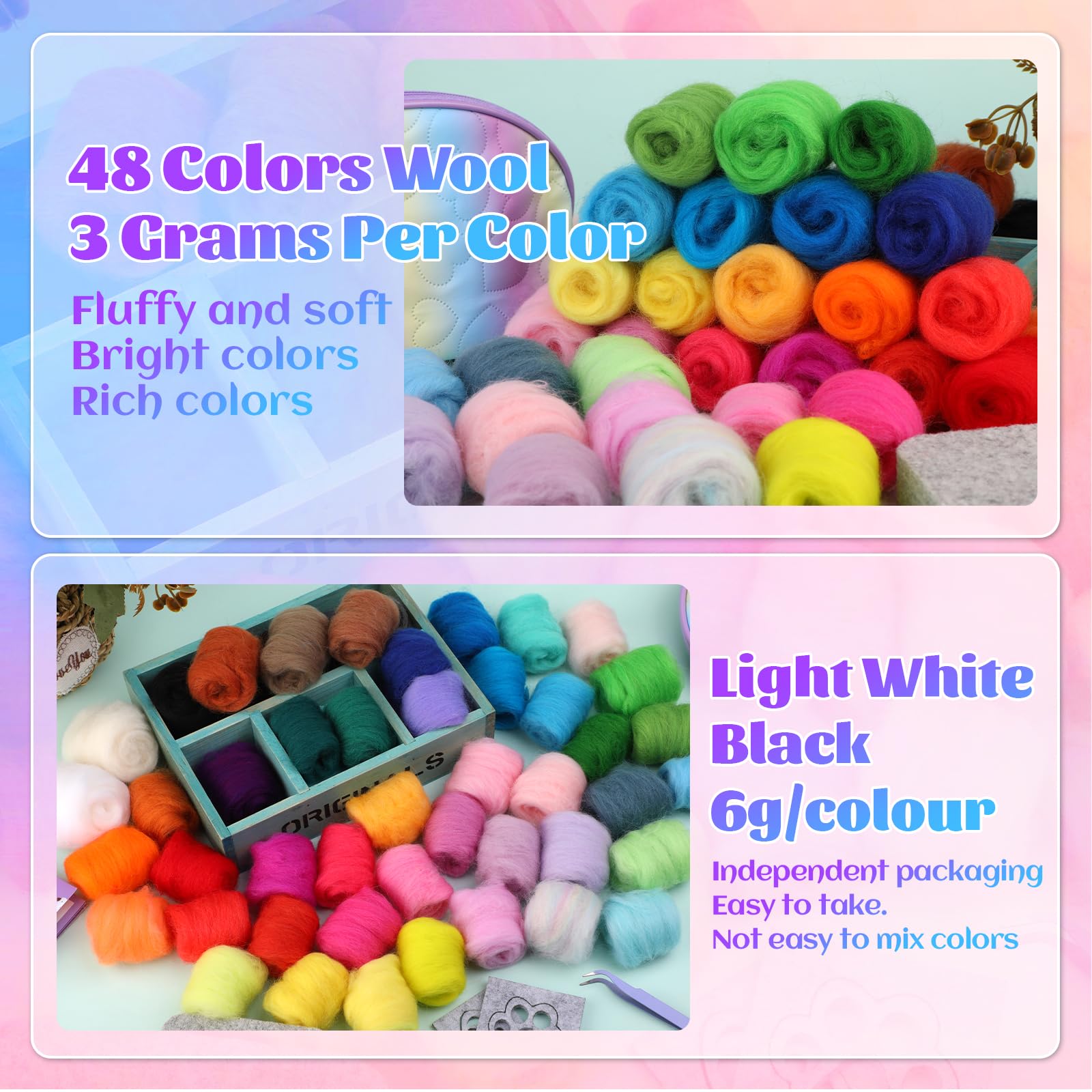 Mayboos Nadelfilz-Set, 50 Farben, Wollgarn-Set, Nadelfilz-Starter-Set für Anfänger mit Wollfilz-Werkzeugmatte, Nadelfilzzubehör für Heimwerker, Handwerk, Heimdekoration, Geschenk