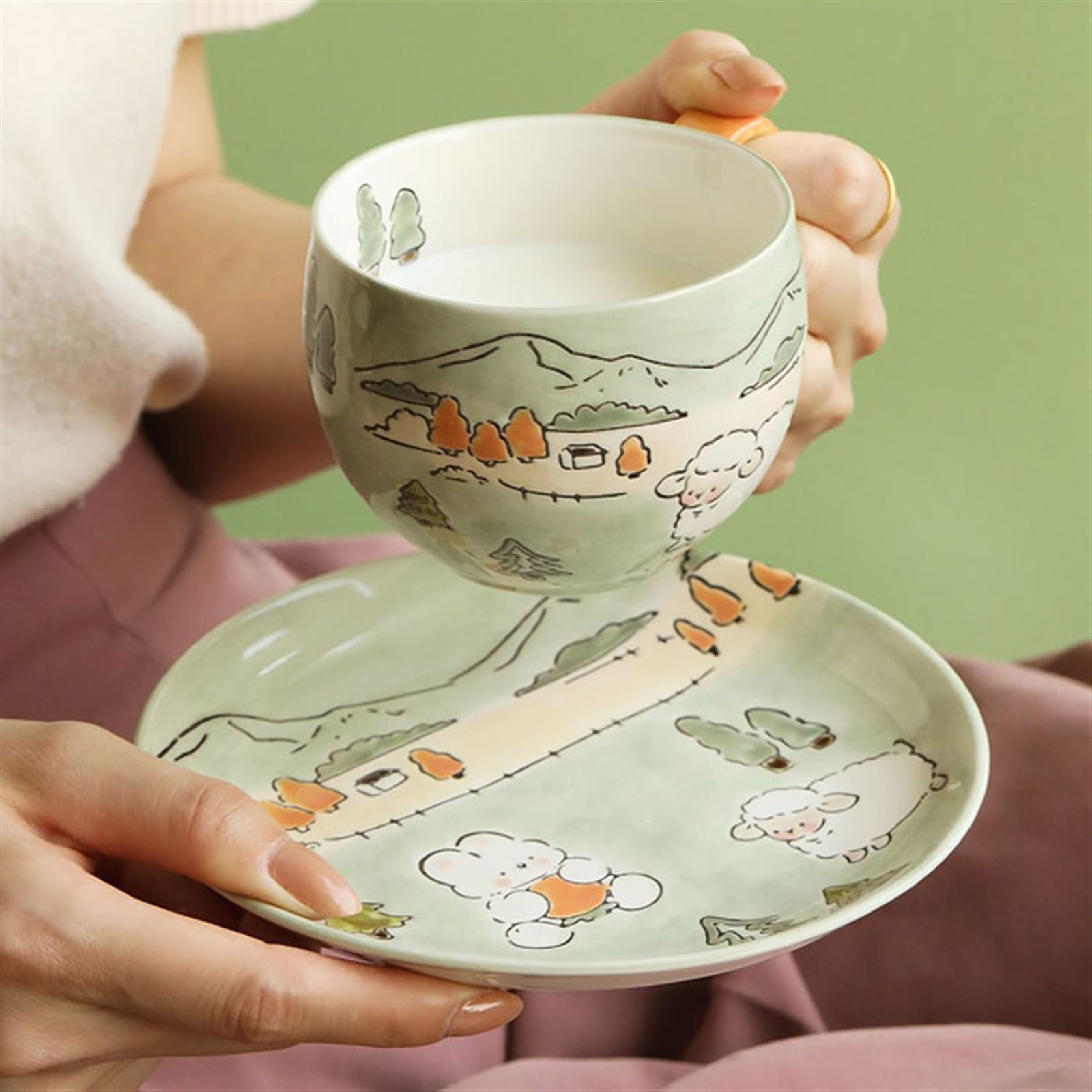 Tasse à cappuccino large Tasse à café en céramique sous glaçure peinte à la main, cadeau d'anniversaire, ensemble de tasses et soucoupes à thé de l'après-midi suspendues à l'oreille Tasse à café