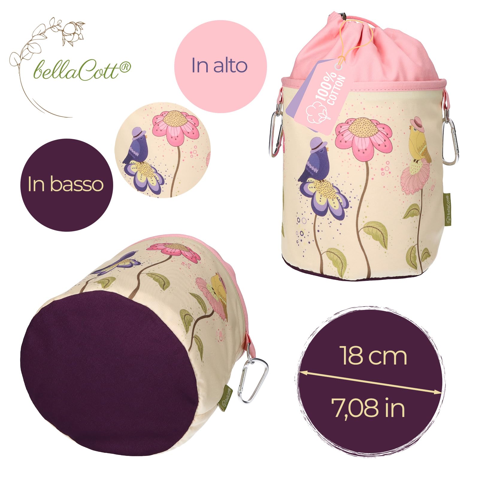 96 mollette colorate Softgrip antiscivolo, extra resistenti, con sacchetto per mollette bellaCott in cotone con motivo a fiori di uccello
