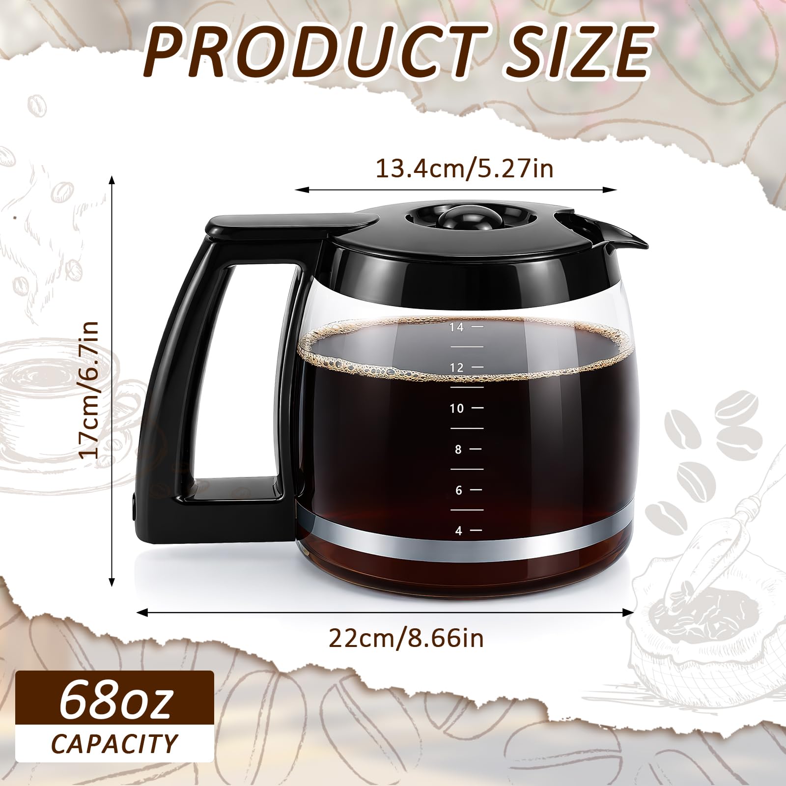 Carafe de rechange en verre avec poignée robuste pour cafetière DCC-220, DCC-2600, DCC-2800, DCC-3200P1, CBC-7000PC, CBC-7200PC, CBC-7400PC, DCC-1800FR