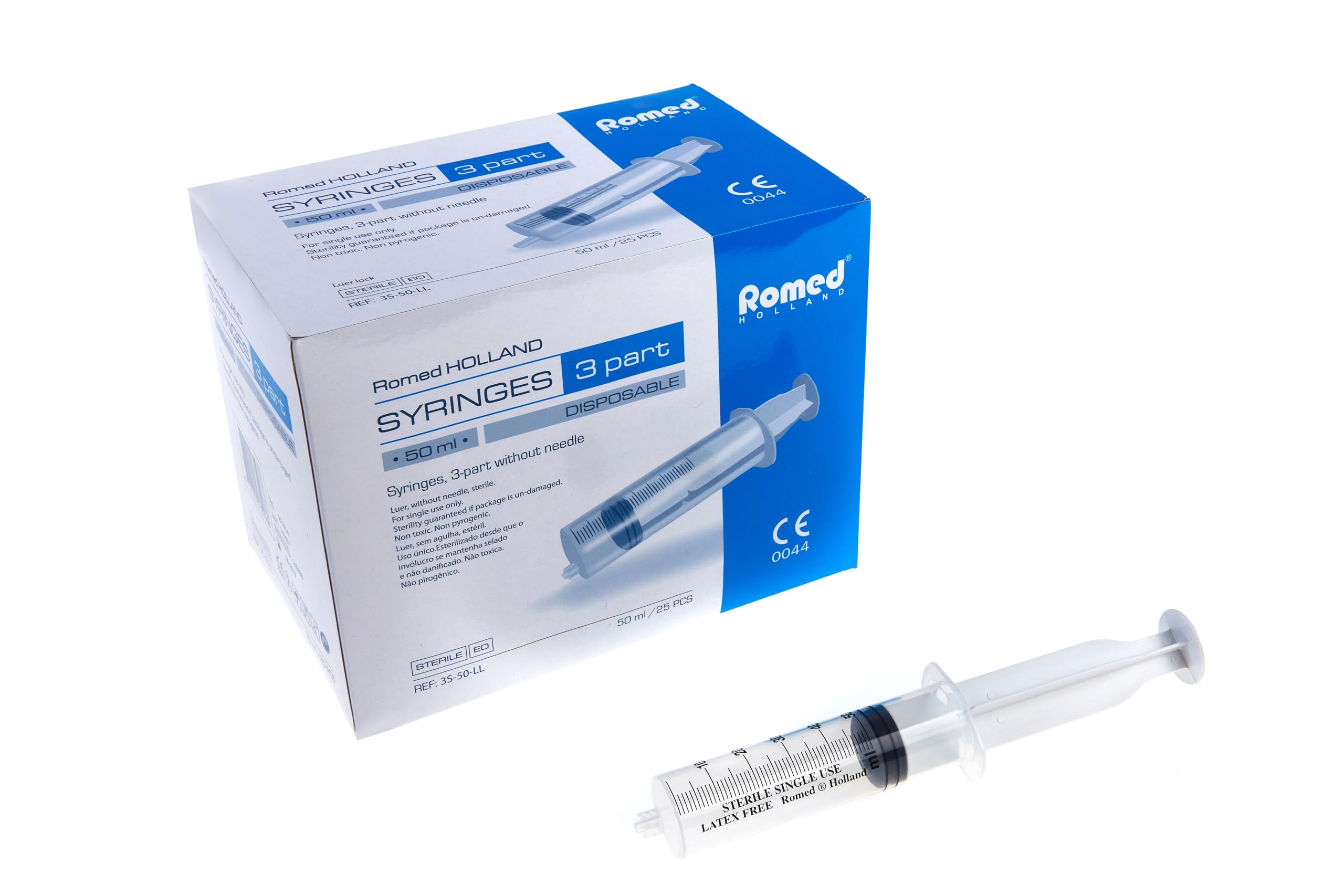 ROMED Lot de 25 Seringues Stériles 50 ml | 3 Pièces | Luer Lock | Sans Aiguille | Emballage Individuel Stérile | Sans Latex | Usage Unique | Réf. 3S-50-LL