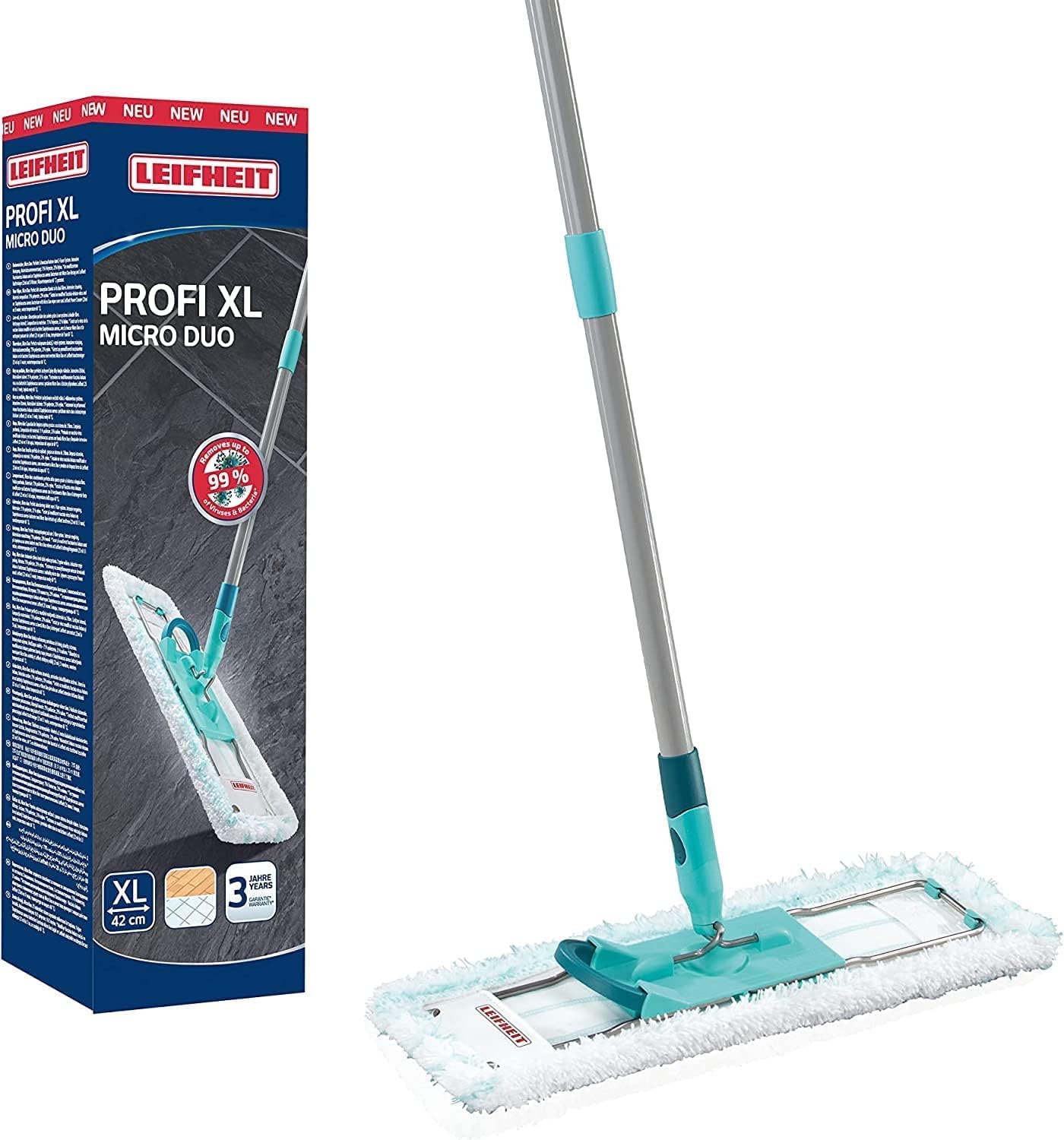Profi XL Micro Duo Mop with Eco Steel Handle to 146 cm 42 cm Large Flat Floor Mop Head 360° Universal Joint for Easy Steering Micorfibre Mop Cleaning Large Floors Turquoise 42 x 146 cm, 55019
