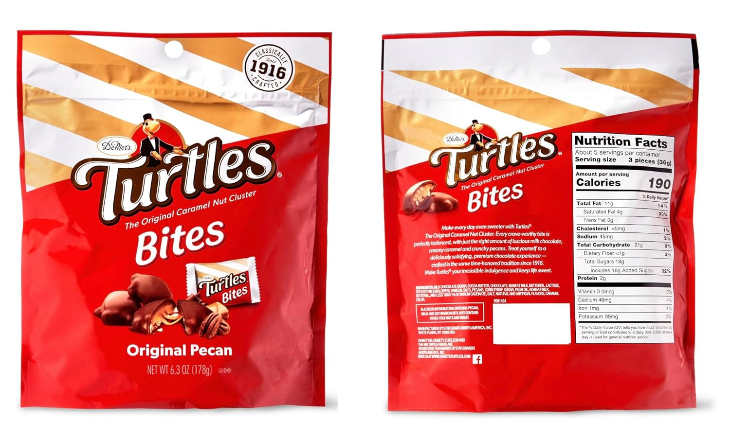 Chocolate Turtles Bites Size Candy Caramel Pecan Nuts Cluster 6.3 oz 2-Pack With A Holiday Standing Decorative Bag
