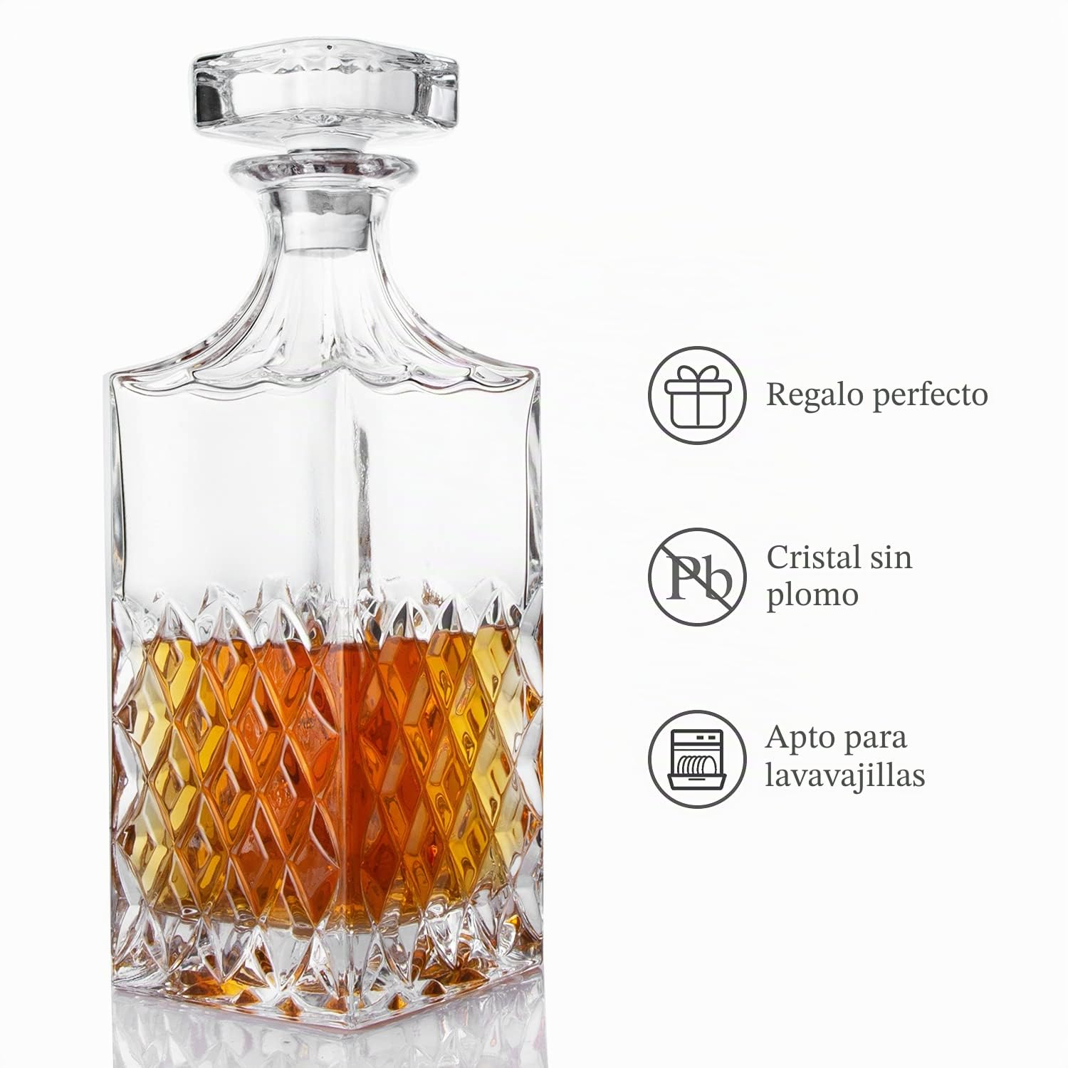LIGHTEN LIFE Decantador de whisky de cristal con tapón, sin plomo, 828 ml, transparente, duradero, apto para lavavajillas, diseño europeo clásico, caja de regalo incluida