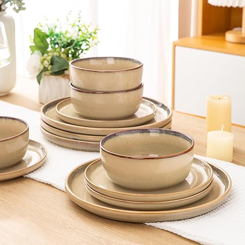 AmorArc Stoneware Dinnerware Sets,Round Reactive Glaze Plates and Bowls Set,Highly Chip and Crack Resistant | Dishwasher & Microwave Safe,Service for 6 (18pc)