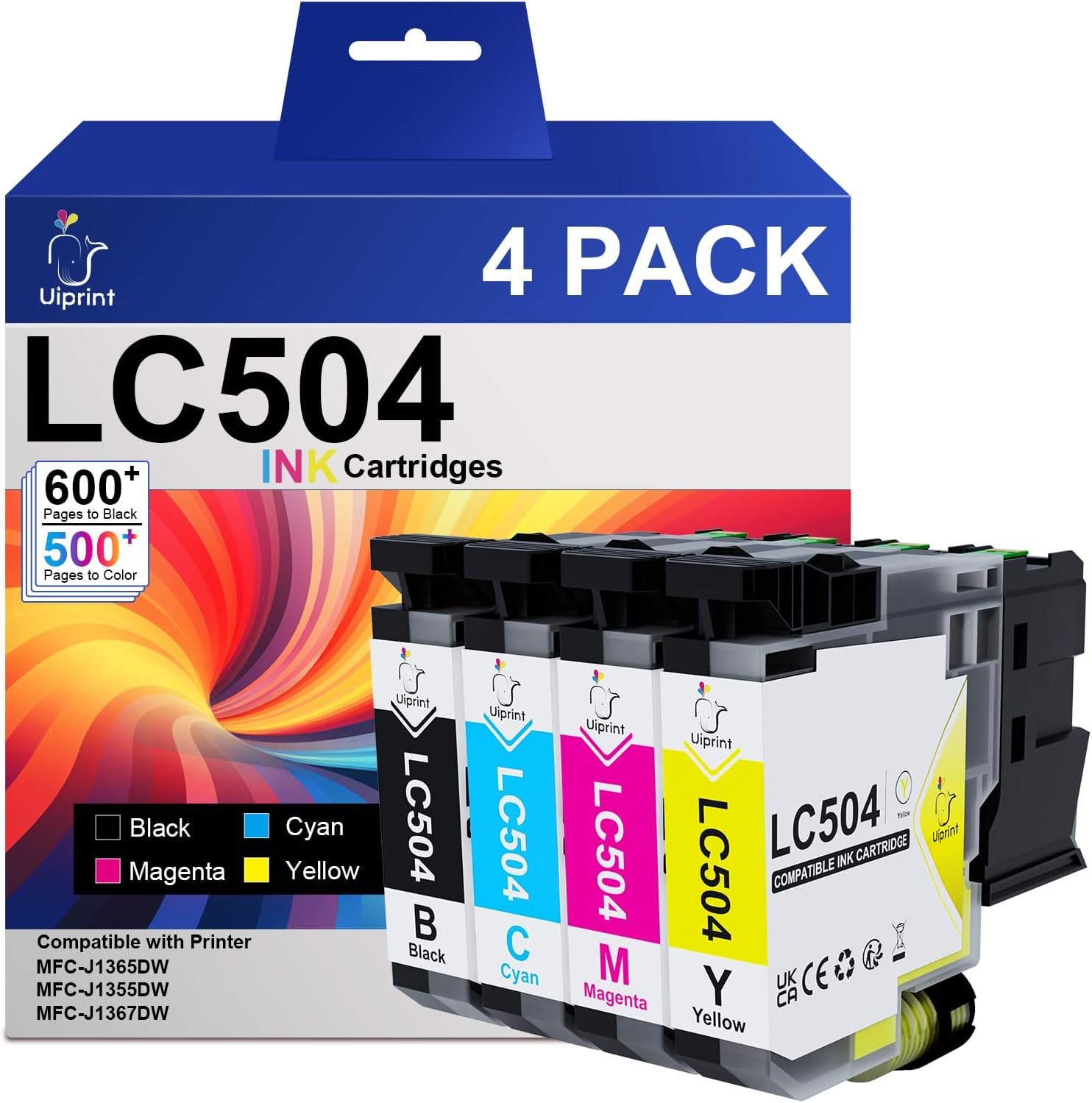 LC504 Ink Cartridges Replacement for Brother LC504XL LC504 Ink Cartridges for Brother Printer MFC-J1365DW MFC-J1355DW MFC-J1367DW, LC5044PK Up to 2100 Pages(Black, Cyan, Magenta, Yellow)
