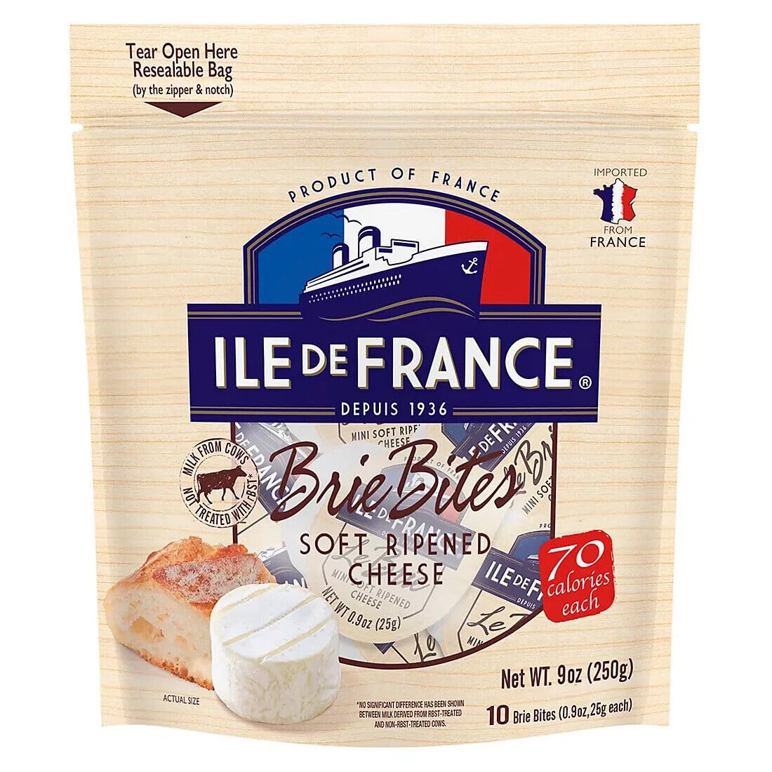 Ile de France Imported French Brie Bites Cheese - 0.9 oz Each, 10 Count Club Pack - Buttery Creamy Snack
