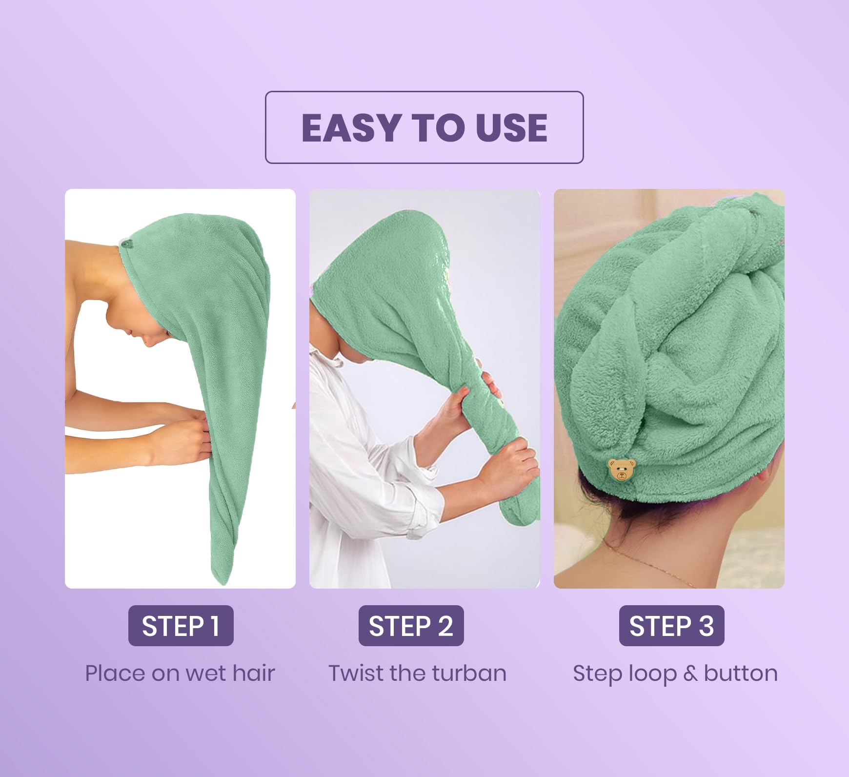 MAXOSHINE Hair Towel Wrap for Women-Quick Drying Microfiber Towel for Hair with Elastic Loop for Tying-Super Absorbent Head Towels Wrap for Ladies Hair Turban (Pack of 2-Purple & Green) 1