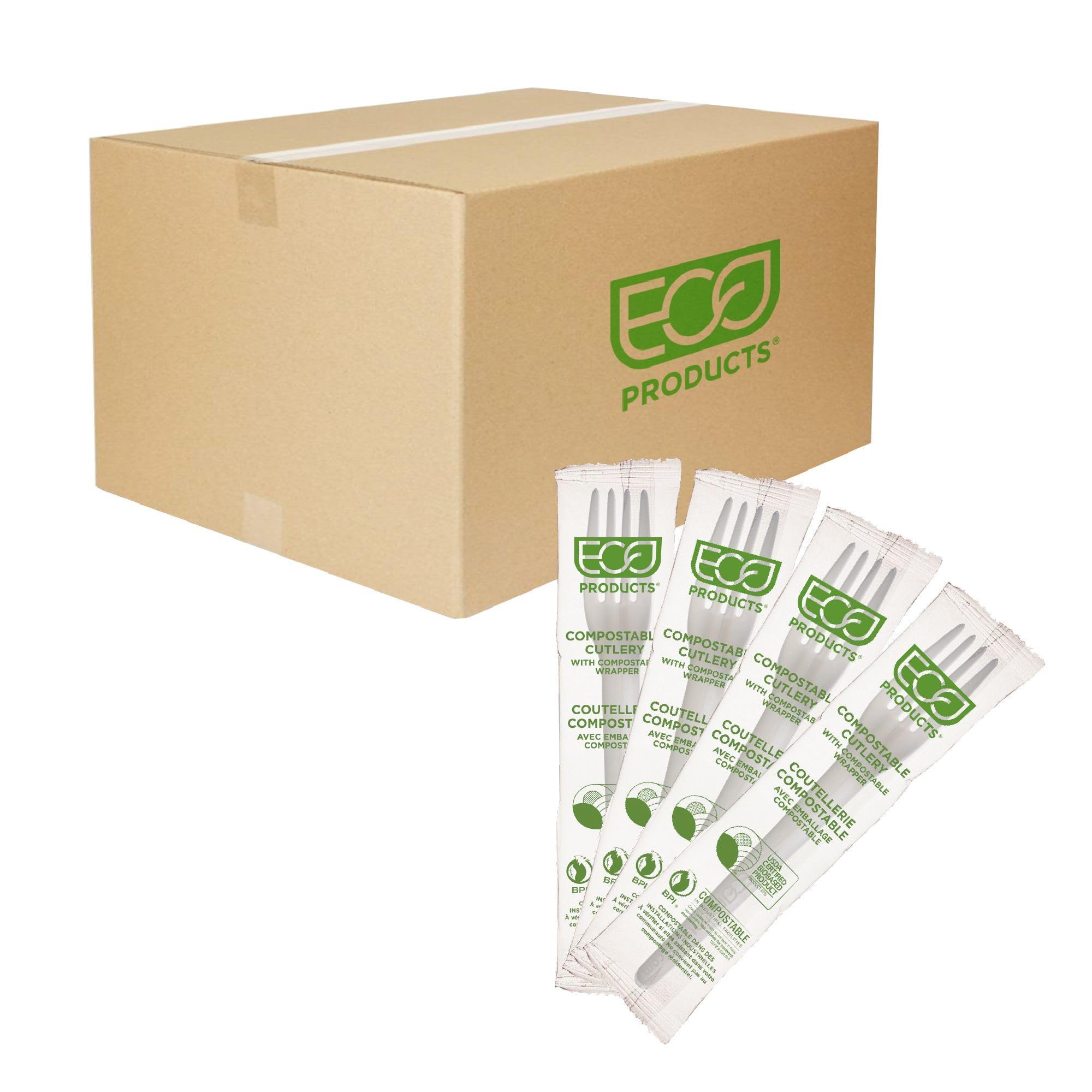 Eco-Products Compostable CPLA 7" Plastic Dinner Forks, Case of 1000, Individually Wrapped Fork, Disposable White Plantware Cutlery, Renewable Material