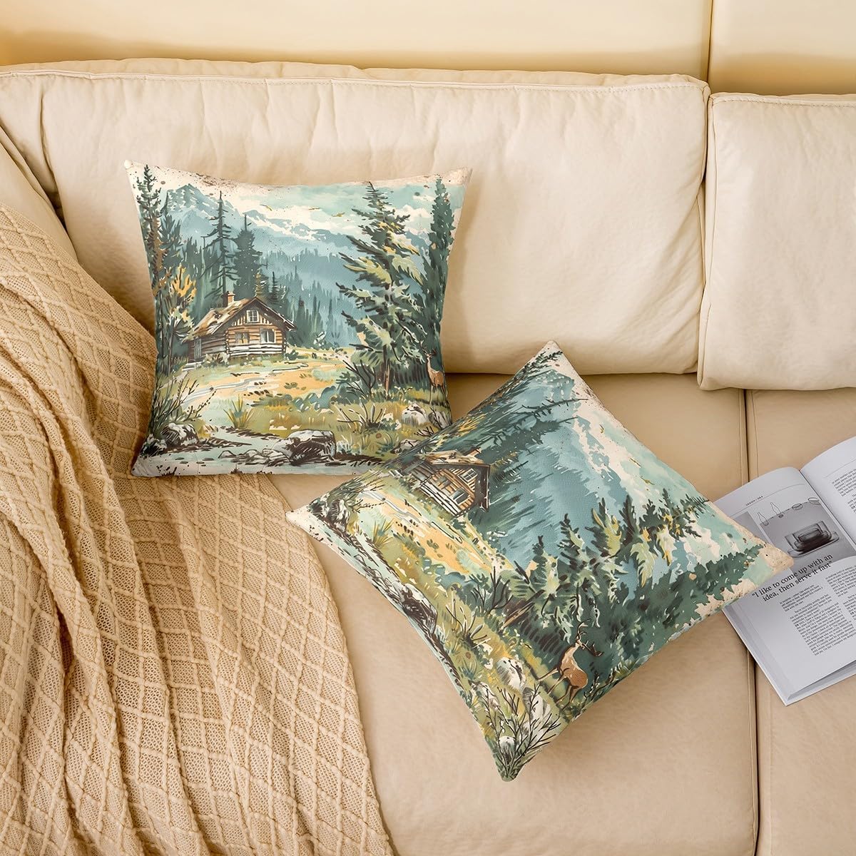 Castle Fairy Adventure Cabin Pillow Cover for Sofa Couch Chair Farmhouse Lake Life Throw Pillow Cover Watercolor Mountain Trees Outdoor Pillow Cover Natural Scenery Cushion Cover 24"x24"