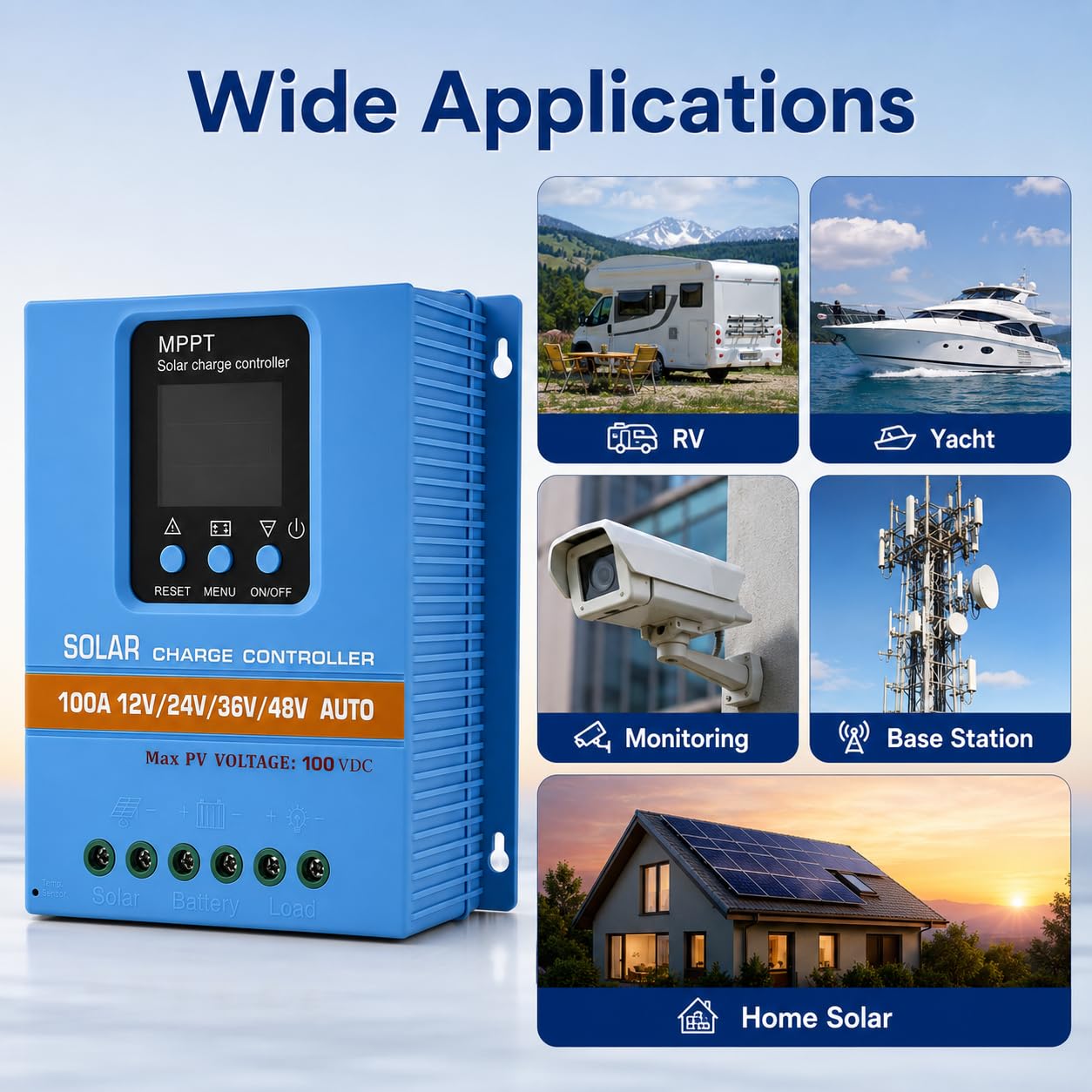 MPPT Regolatore di carica solare 60 A 12 V 24 V 36 V 48 V, regolatore solare LCD per litio/piombo | Grandi aperture di collegamento, dati chiari in tempo reale, facile montaggio a parete