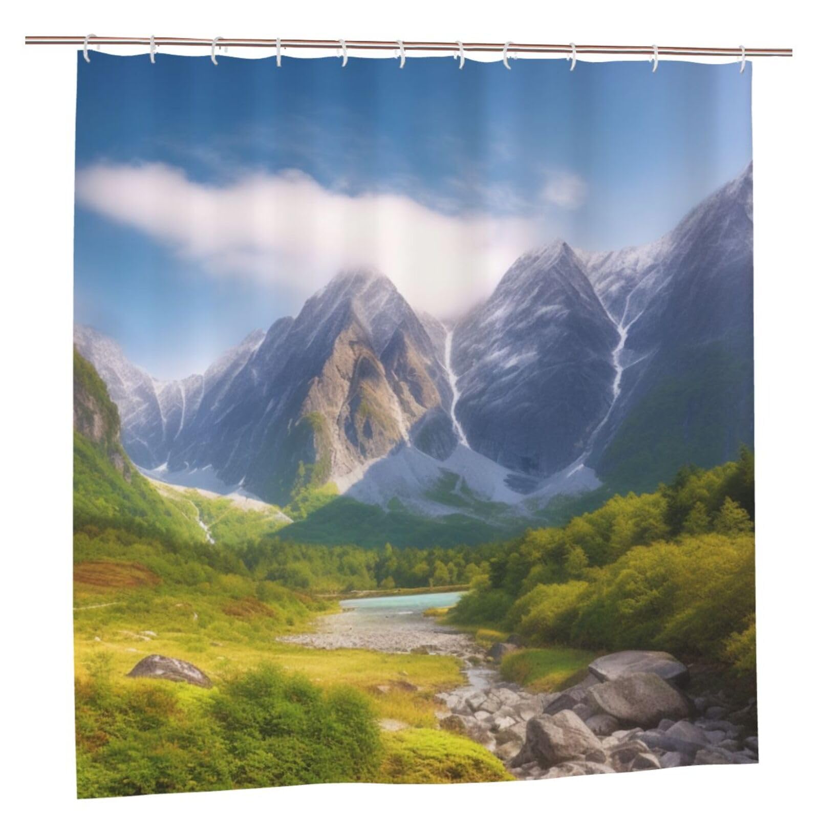 BWWHCCTI Travel Mountain Scenery Printed Shower Curtain With 12 Plastic Hooks Opaque Quick Drying Waterproof Shower Curtains Sets For Bathroom 183x183 CM