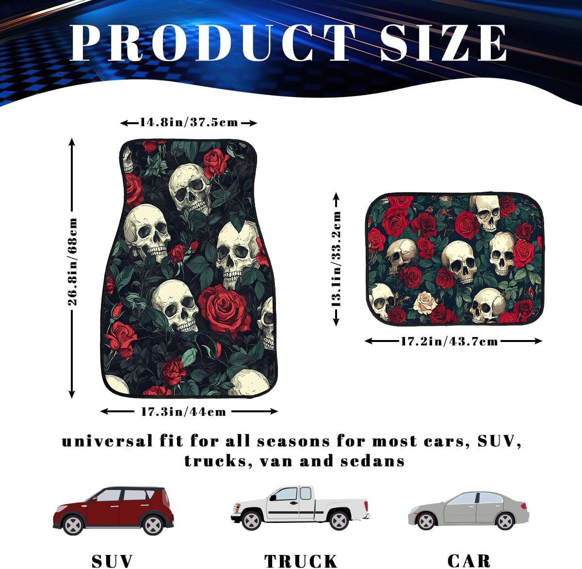 Skull Car Floor Mats Set of 4 Rose Vintage Gothic Art Red Black Green Automotive Car Floor Carpets Non-Slip Auto Car Accessories Universal Fit for Car SUV Truck Van