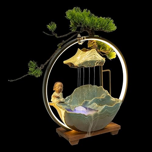 Miniatura 6 de Quemador de incienso de reflujo con luces LED, cono de incienso con luces LED, cascada, plantas y decoración zen de cerámica, iluminación de