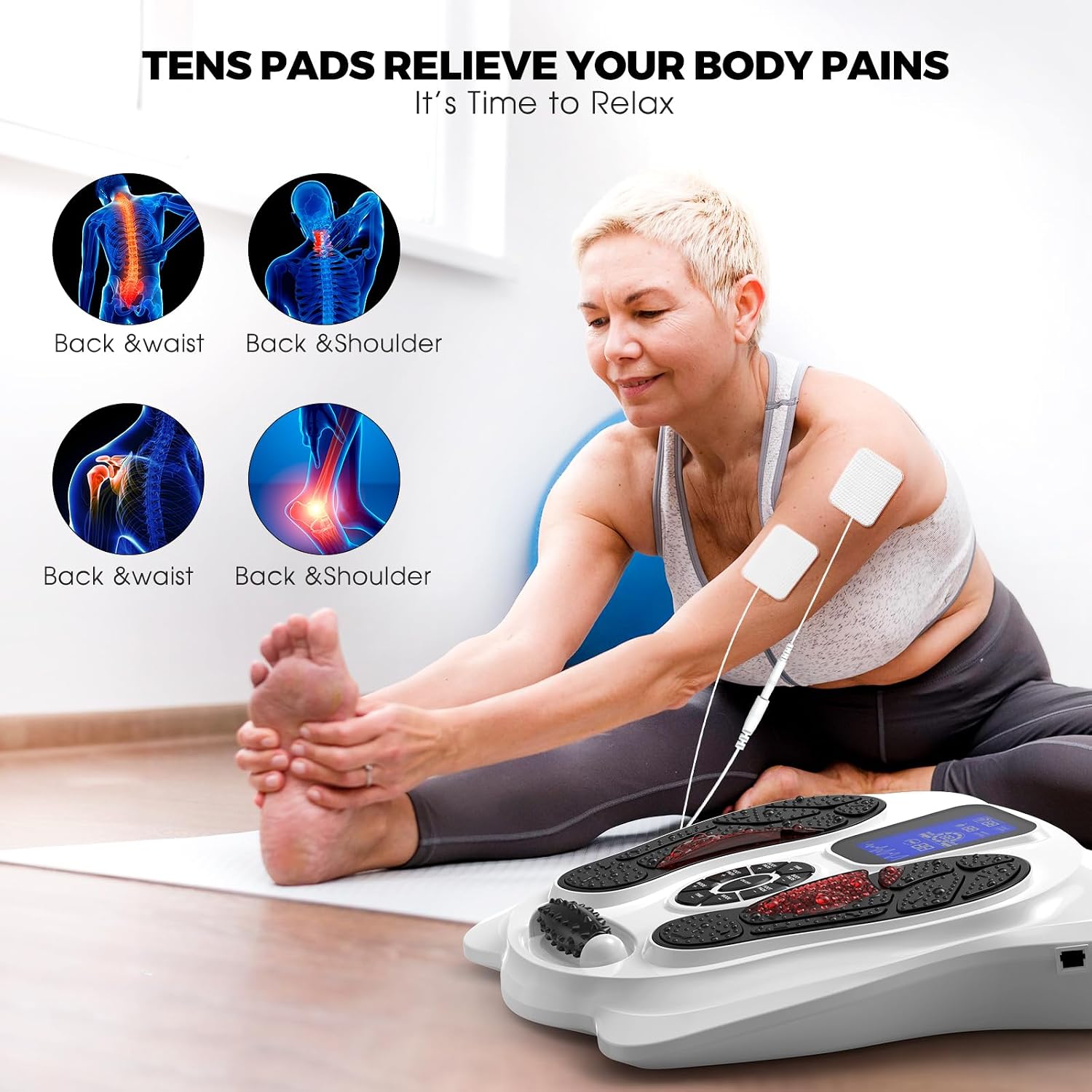 Woman stretching with TENS pads applied to her back and shoulder, indicating relief for various body pains.