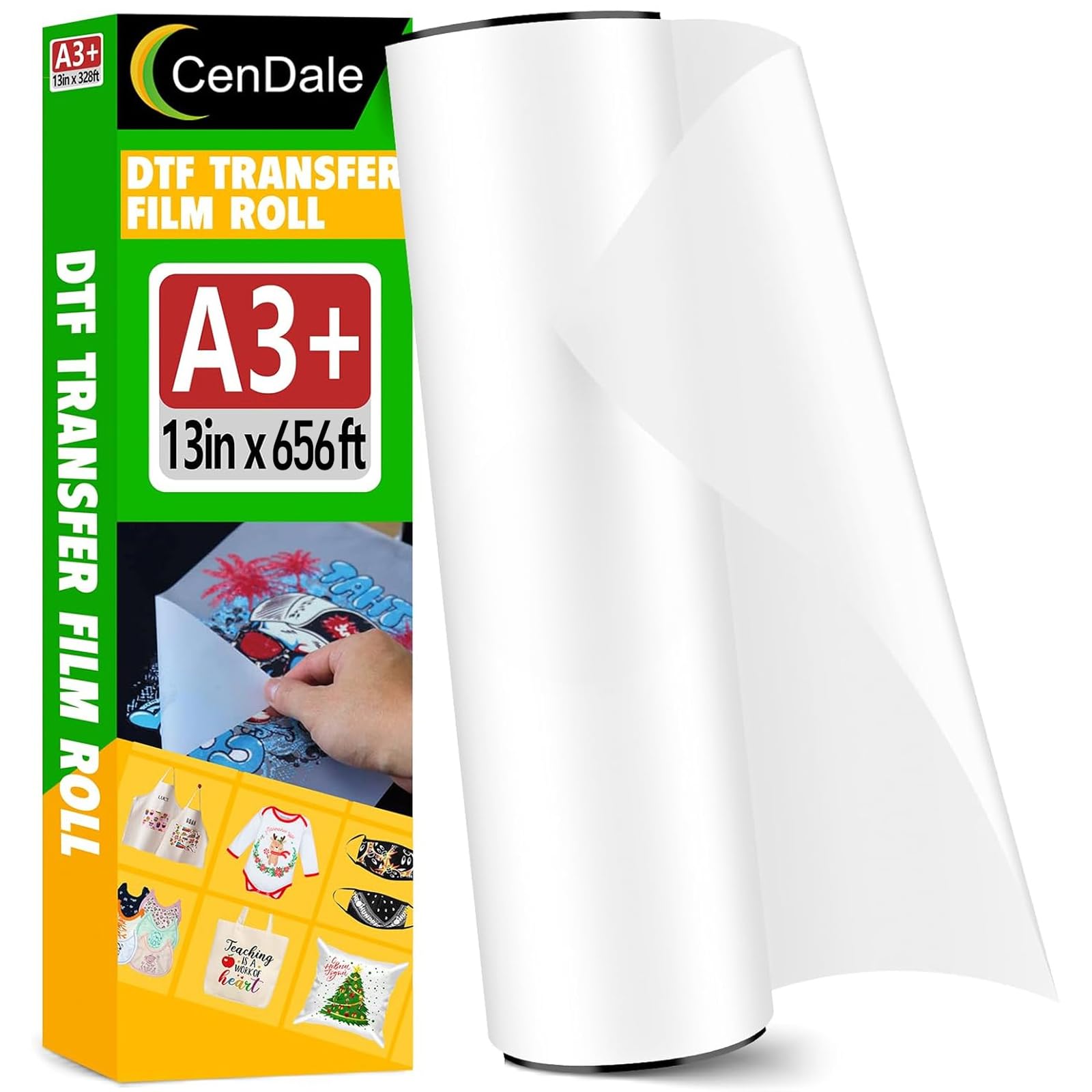 CenDale DTF Transfer Film Roll 13 inch x 656ft - A3 Plus DTF Film Roll Hot/Cold peel for A3 DTF Printer, Double-Sided DTF Roll Film 13 inch, Direct to