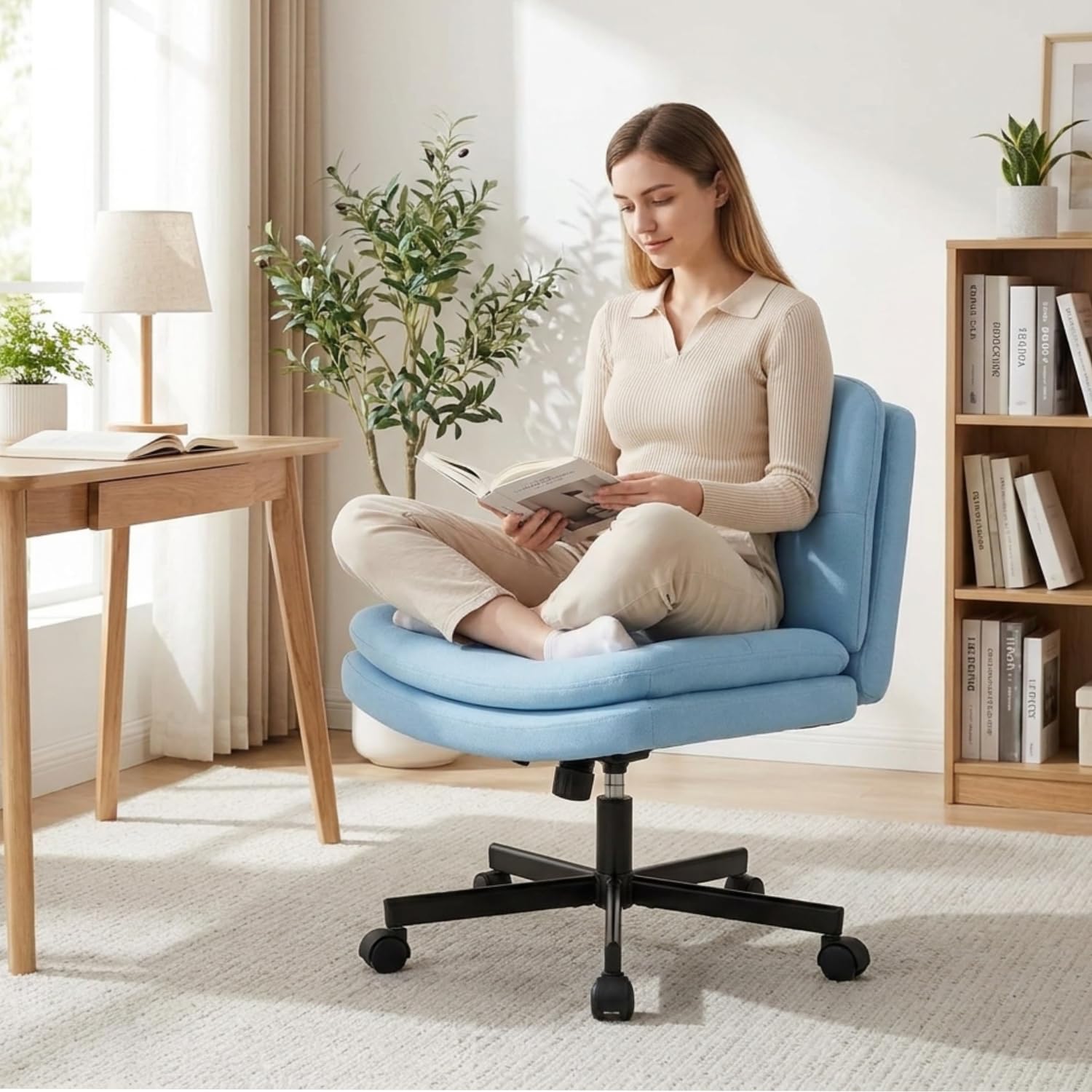 Waleaf Silla Escritorio sin Reposabrazos, Silla Oficina Ergonómica Giratoria con Ruedas, Cojín Grueso y Altura Ajustable, Carga de 150 kg, Silla Tocador para Dormitorio y Estudio (Tela, Azul)