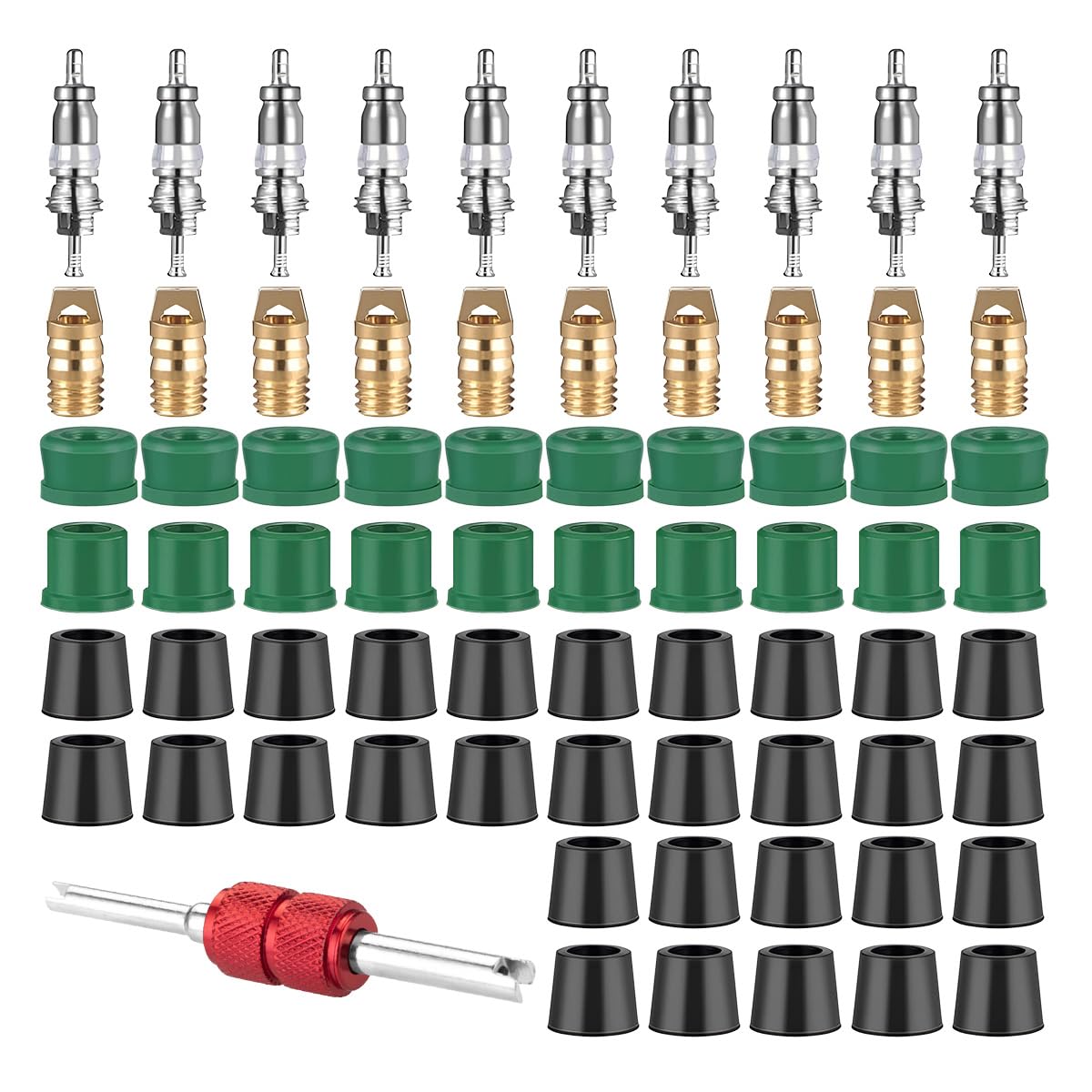 71PCS Yellow Jacket HVAC Hose Gasket, Air Conditioning Valve Core Assortment Kit, Including 10PCS Valves & 10PCS Valve Cores & 50PCS Hose Gaskets, Universal Car Repair Tool Accessories