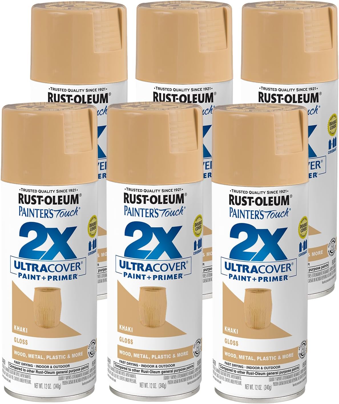 Rust-Oleum 249103-6PK Painter's Touch 2X Ultra Cover Spray Paint, 12 oz, Gloss Khaki, 6 Pack