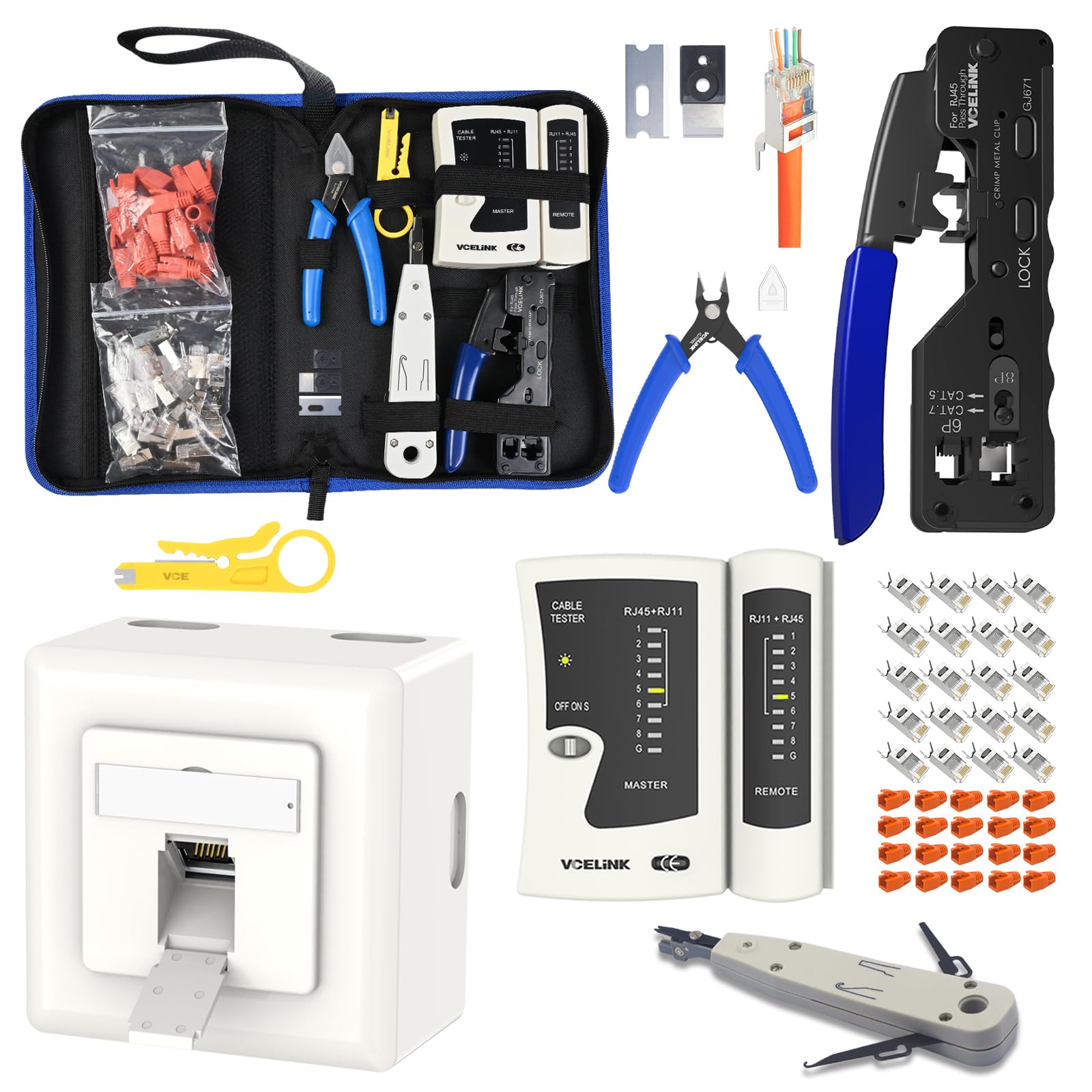 VCELINK Netzwerk Werkzeug Set mit RJ45 Crimpzange, 20 x RJ45 Stecker Cat7/Cat6a Pass Through, Netzwerktester, LSA & Abisolierzange, Stofftasche sowie 1 Stück CAT6A Netzwerkdose mit 1 RJ45 Ports