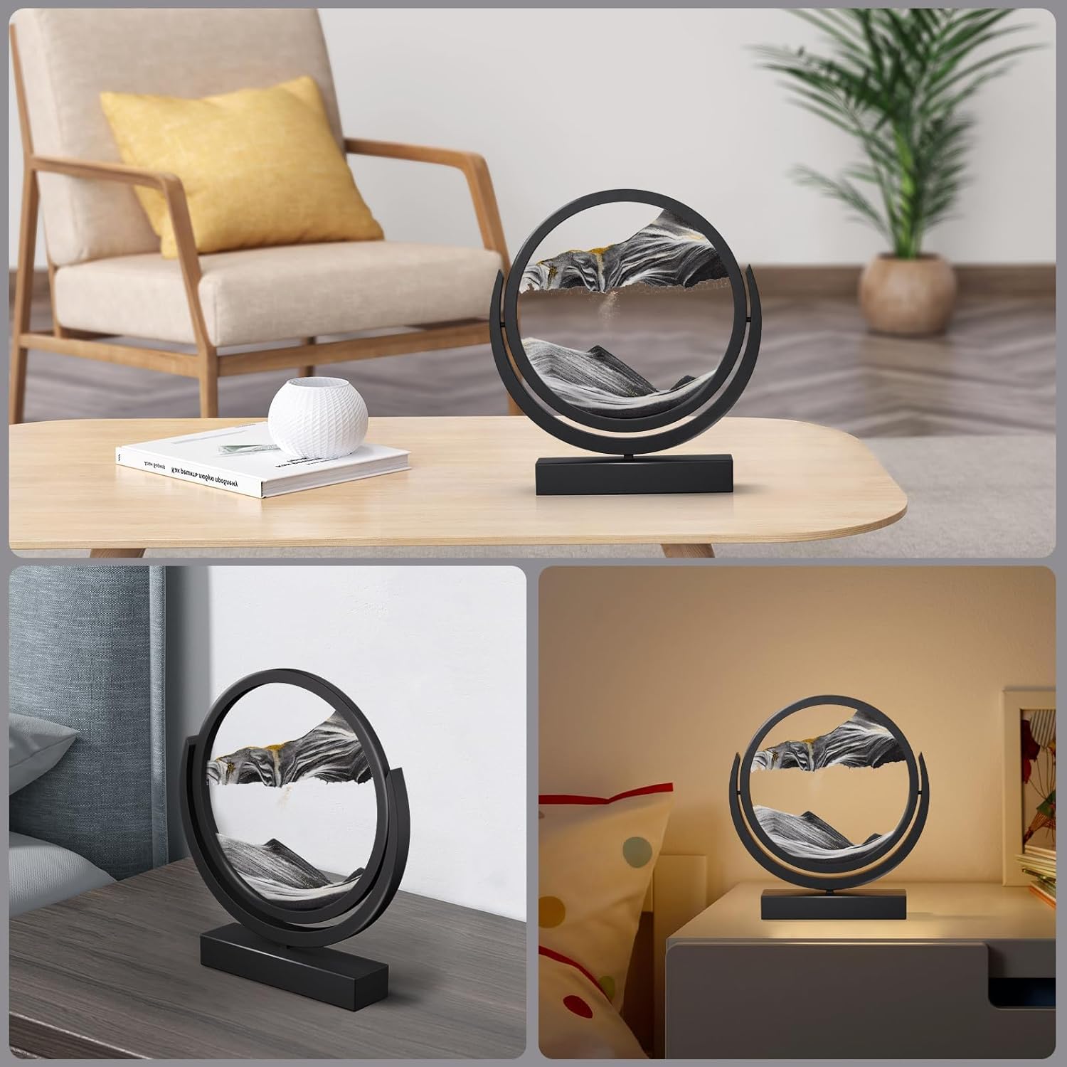 E-SHIDAI Moving Sand Art Picture in Motion Round Glass 3D Deep Sea Landscape, Dynamic Sand Art Sandscapes, Sensory (7in,Black)