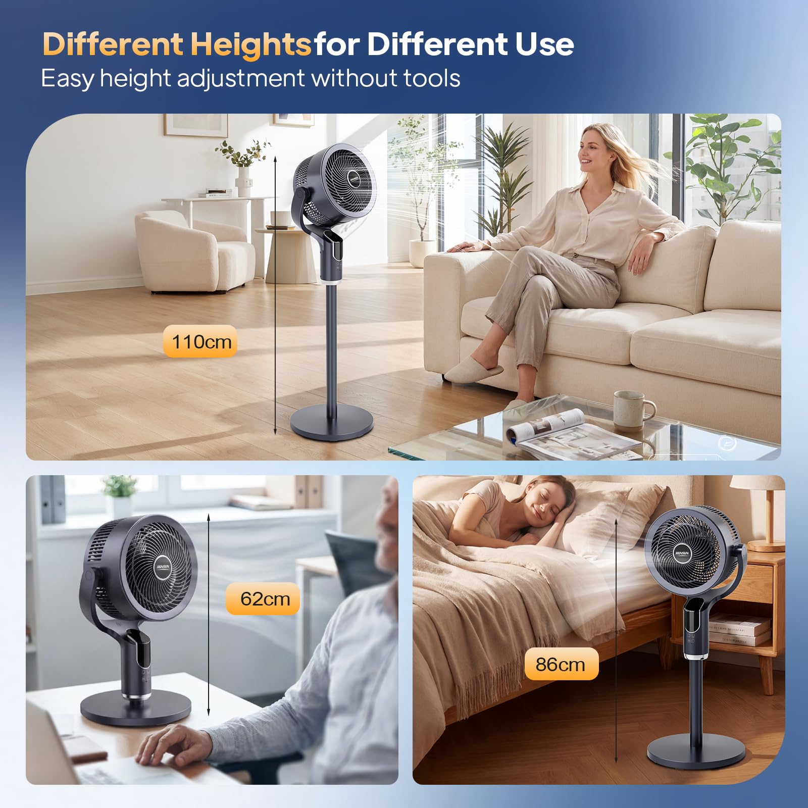 ROVSUN Ventilateur sur Pied Silencieux 3 en 1, Circulateur d’Air Puissant, 8 Vitesses, 3 Modes, Minuterie 9H, Télécommande + Écran Tactile, Oscillation 90° H / 90° V, Hauteur réglable 61-109 cm, Noir