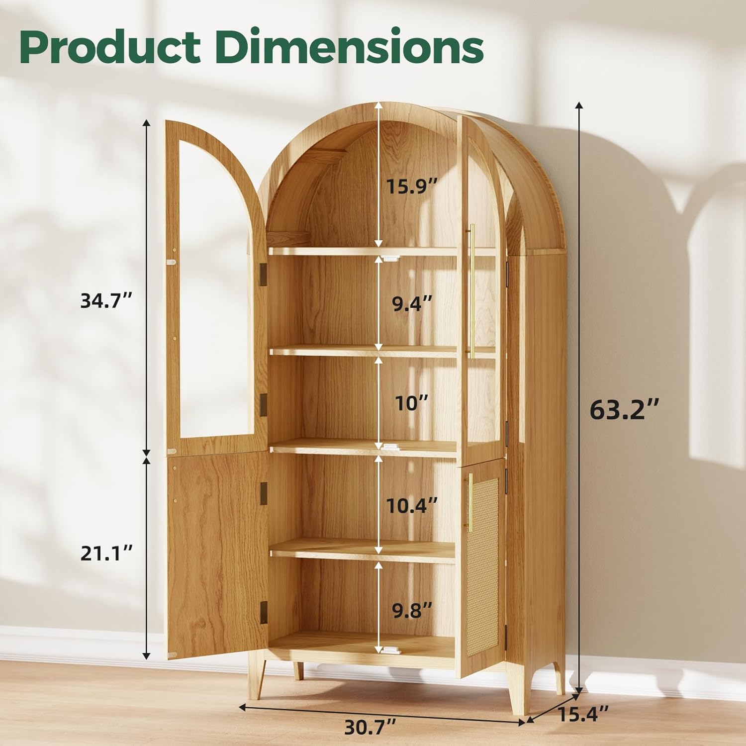 63" Arched Storage Cabinet, 5-Tier Modern Arched Cabinet with Glass Doors, Tall Arched Cabinet Adjustable for Living Room, Dining Room Office,Oak