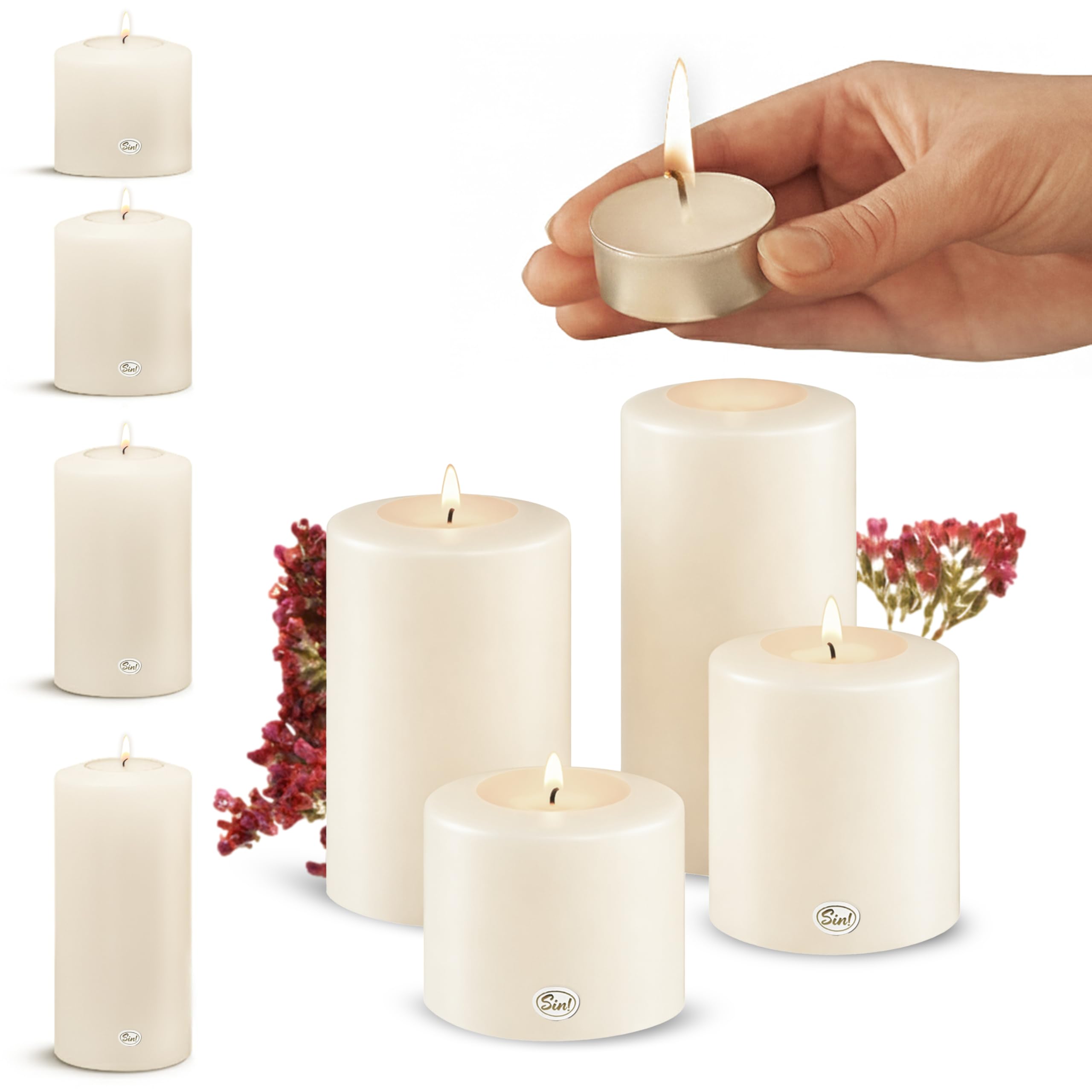 Sin!® Set van 3 theelichthouders & permanente kaars trend 6cm H 6cm/8cm/12cm wit - De kaars die niet smeltt! Kunststof kaars met theelichtinzet (Made in Germany) - theelicht-kaarsenlook zelfdovend