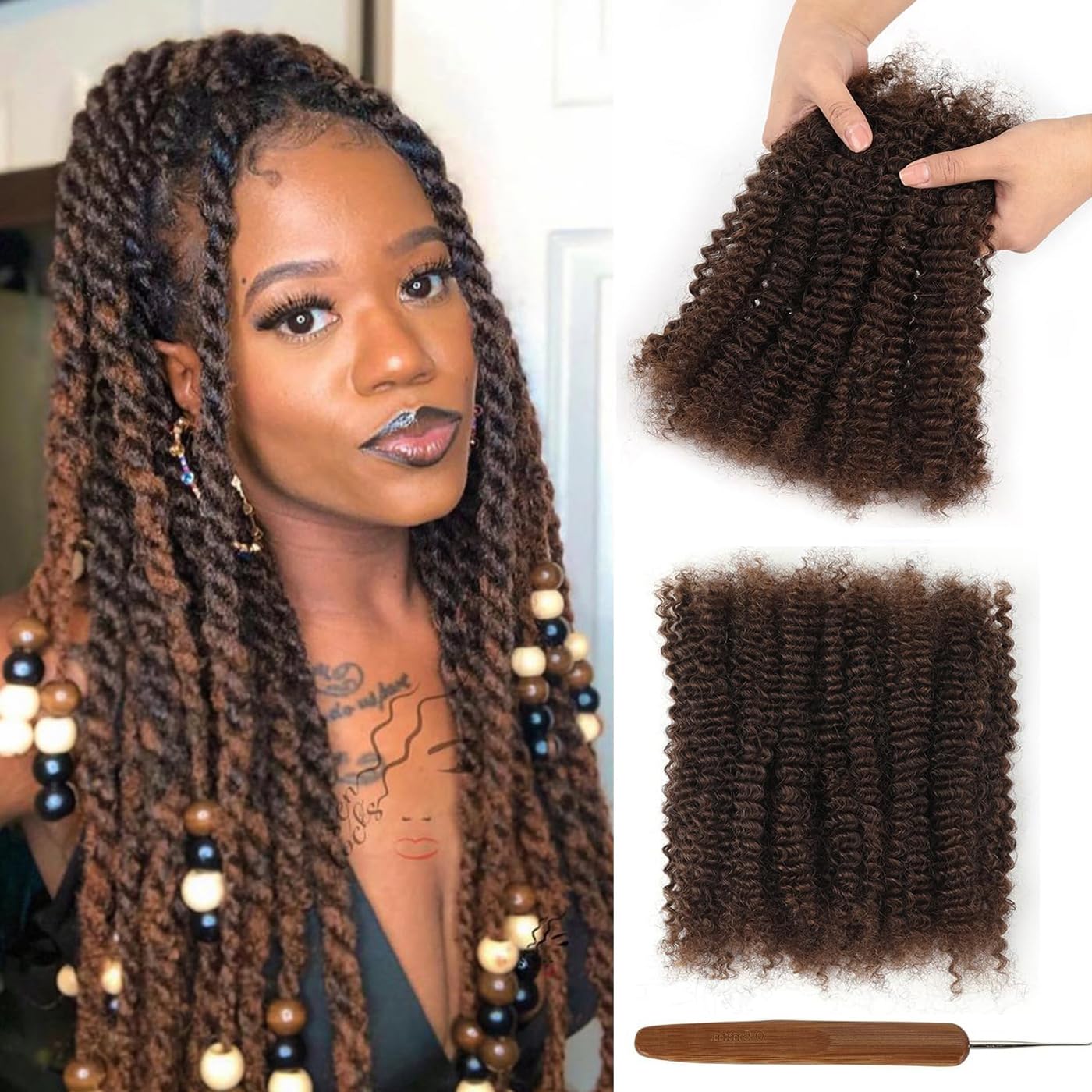 Pelo humano afro Kinkys marrón de 40 cm para extensiones y reparación de rastas 6