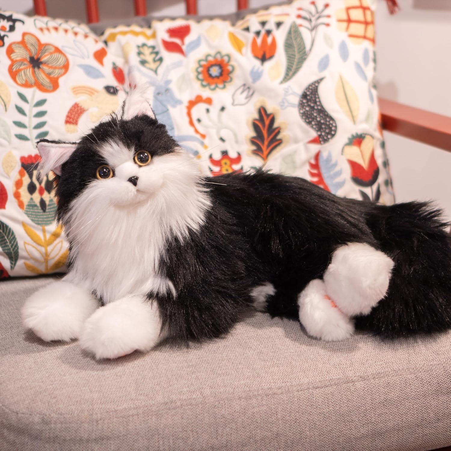 Interactive Companion Robot Cat Pets, Black Cat Stuffed Animals with Small Scarf, Emotional Support Plush with Voice Response, Realistic Heartbeat, Purring Sounds, Volume Control, Rechargeable