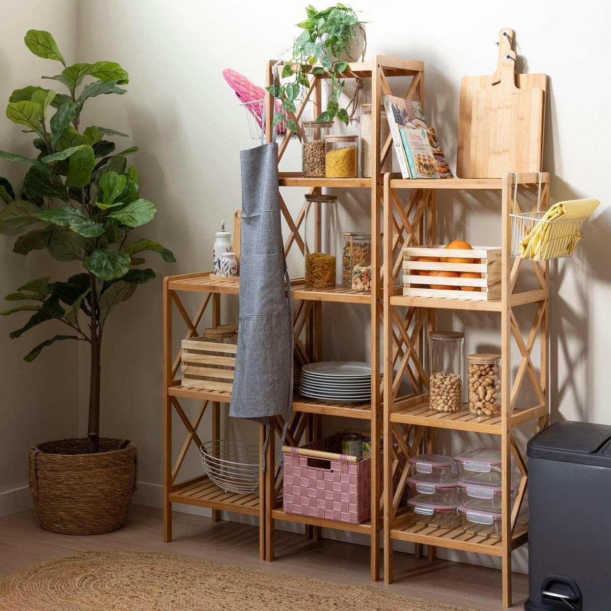 Estantería de pie de bambú natural con 5 baldas alistonadas de 37x33x153 cm | Estante de baño para almacenaje con laterales en cruz decorativos. Resiste 5kg por balda.
