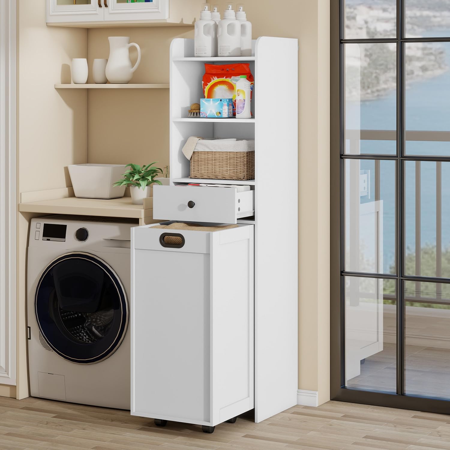Laundry Hamper Cabinet, Laundry Cabinets and Storage with Multi Shelves, Hidden Movable Laundry Hamper Cabinet for Bathroom or Laundry Room Organization, White