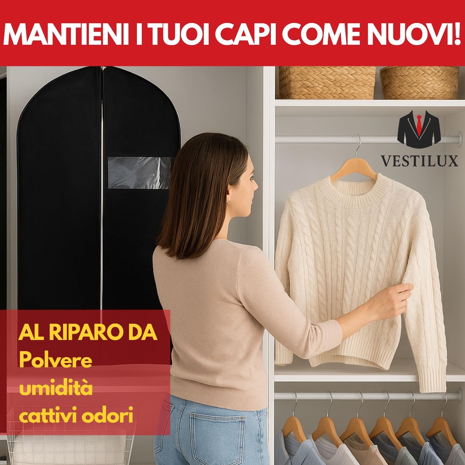 2 Copriabiti da Armadio 100 x 60. Custodia Antipolvere e Antiacari con Zip. Porta Abiti Protettivo e Traspirante per Giacche e Cappotti.