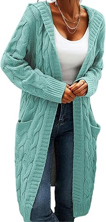 Women Hooded Open Front Cardigan Cable Knit Sweaters Solid Color Chunky Long Sweater Coats