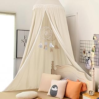 Kids Bed Canopy for Girls, Beige Crib Canopy with Tassels Princess Hanging Children Canopy Tent, Decor Toddler Girl Canopy Bed Netting for Girls Room Reading Nook, Nursery Room Crib Curtain
