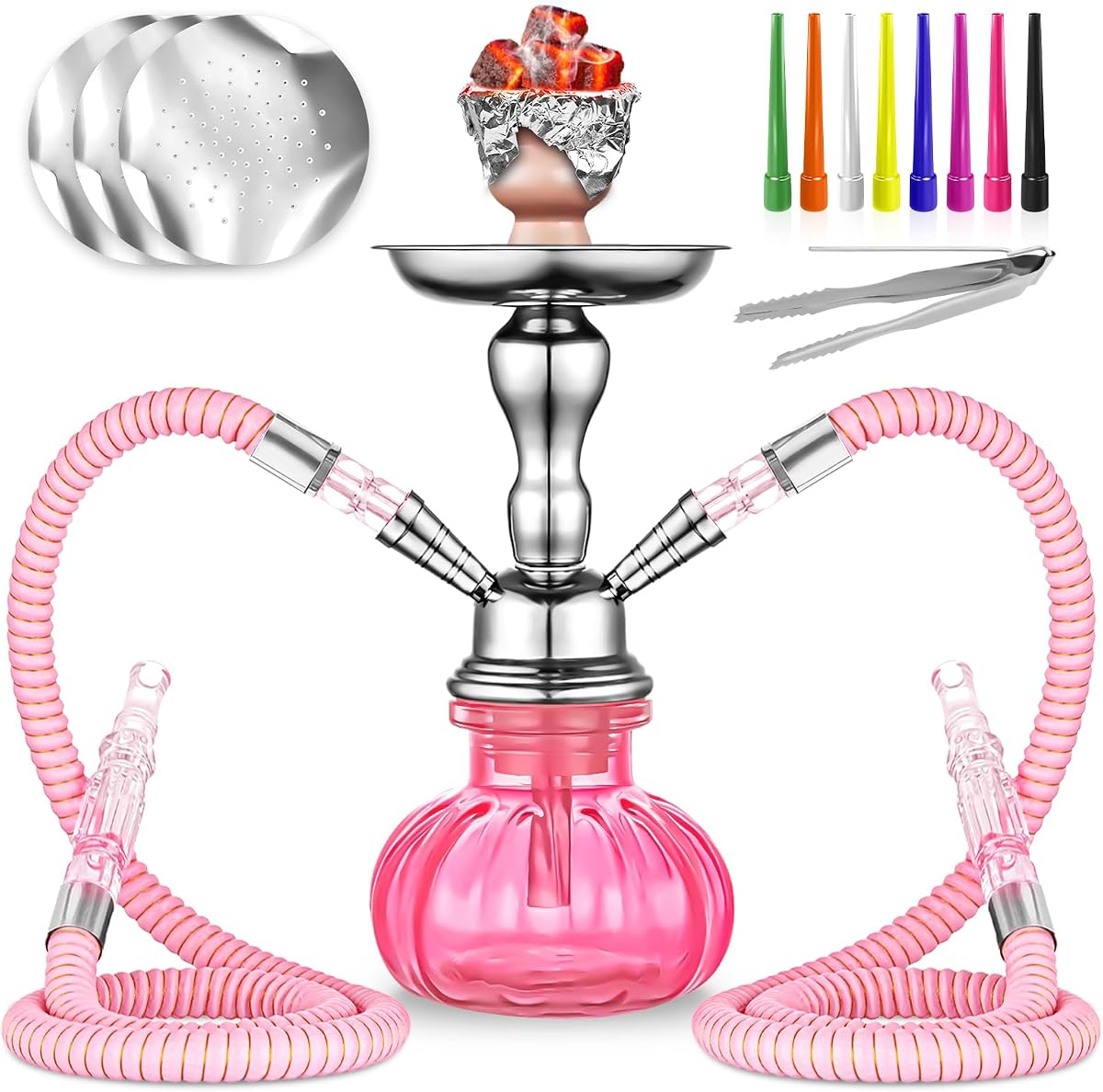Juego de 2 mangueras para cachimba de 11.0 in con mini jarrón de cristal de calabaza, cuenco de cerámica, manguera de cuero, pinzas para carbón, papel de aluminio para cachimba, puntas desechables (rosa)
