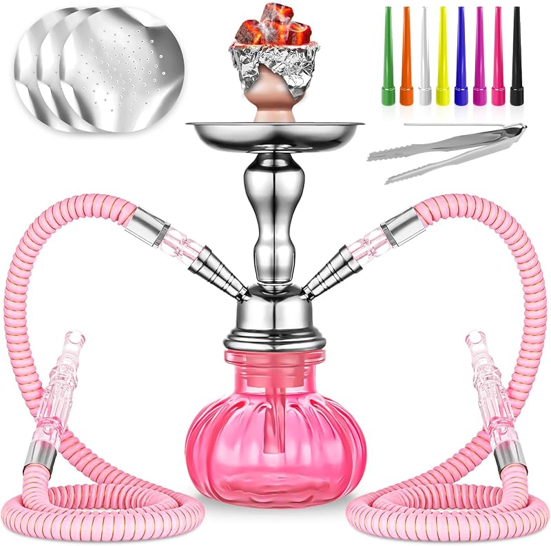 Juego de 2 mangueras para cachimba de 11.0 in con mini jarrón de cristal de calabaza, cuenco de cerámica, manguera de cuero, pinzas para carbón, papel de aluminio para cachimba, puntas desechables (rosa)