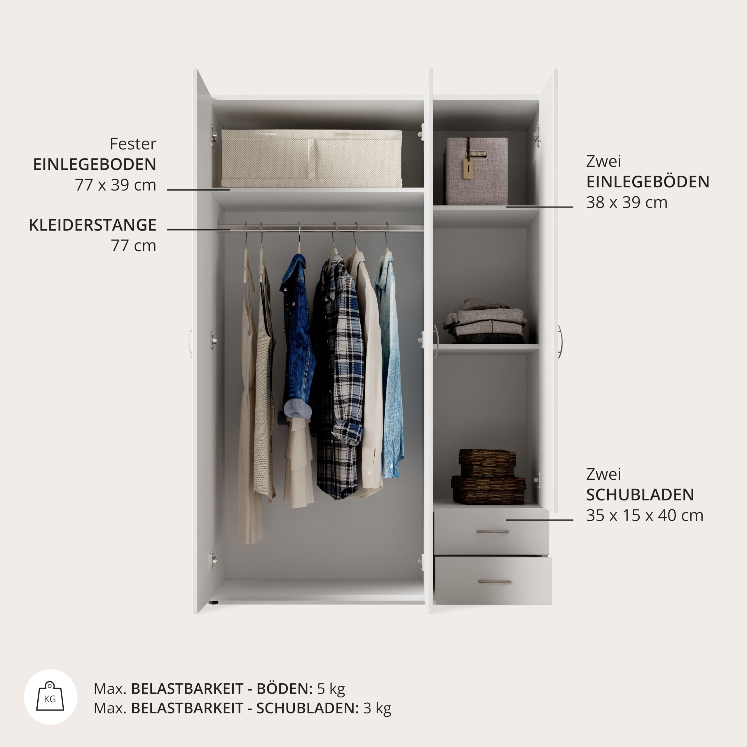 Stella Trading BASE Kleiderschrank Schrank Drehtürenschrank in Weiß 120 x 177 x 52 cm – Bild 4