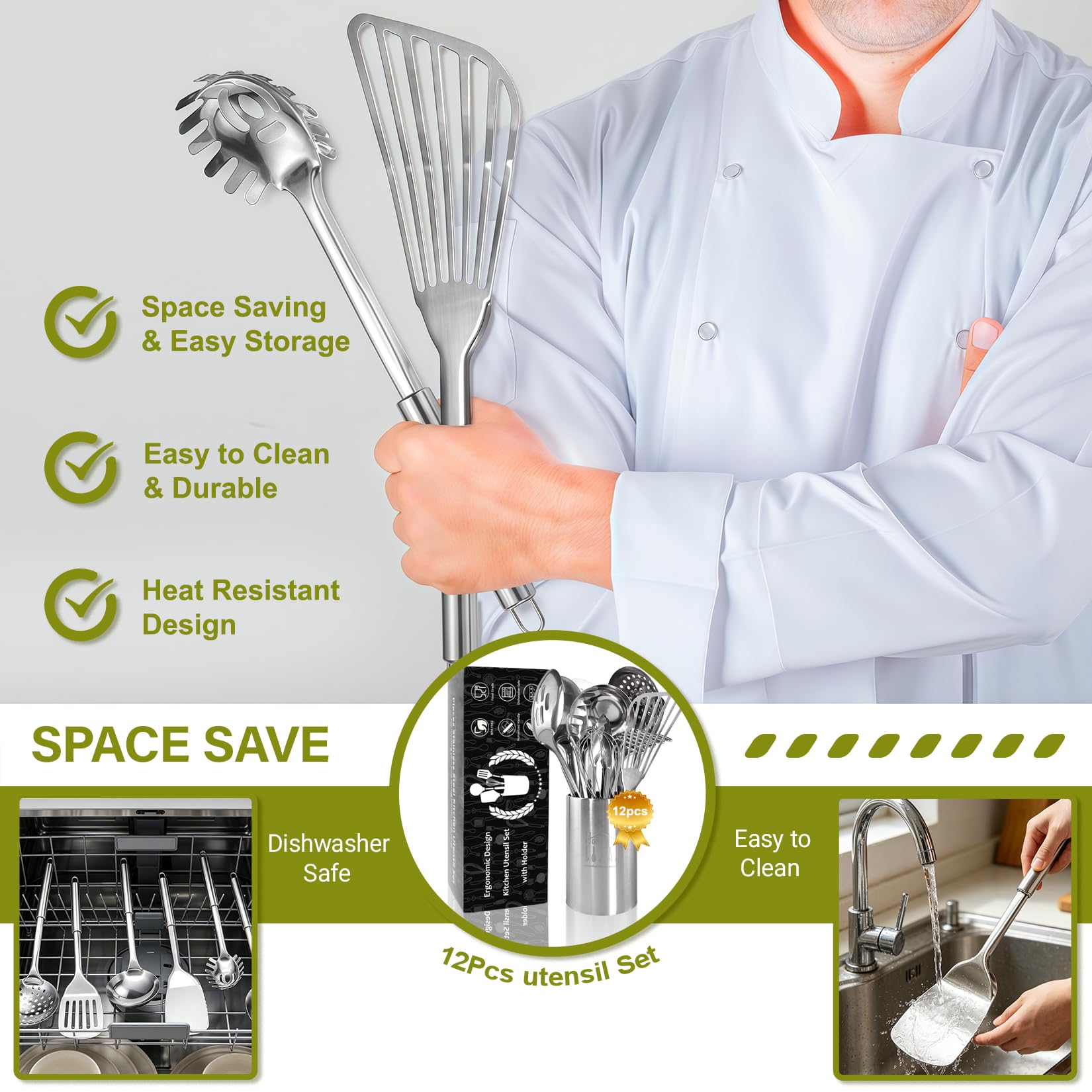 Juego de utensilios de cocina de acero inoxidable, juego de 12 utensilios de cocina con soporte, resistente al calor, para cocinar con volteadores, triturador de patatas, espátula, cucharas, pinzas,