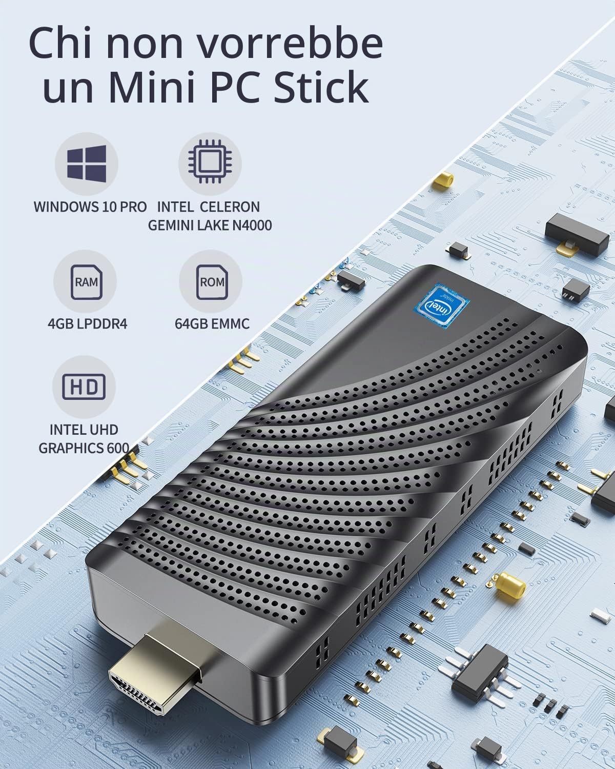 Mini PC Stick Intel Celeron N4000 (fino a 2.6GHz) Windows 10 Pro Mini Computer Stick 4GB DDR4 64GB eMMC Micro Fattore di forma per desktop Supporto PC 4K HDMI, 2.4G/5G WiFi, Bluetooth 4.2, Auto Power