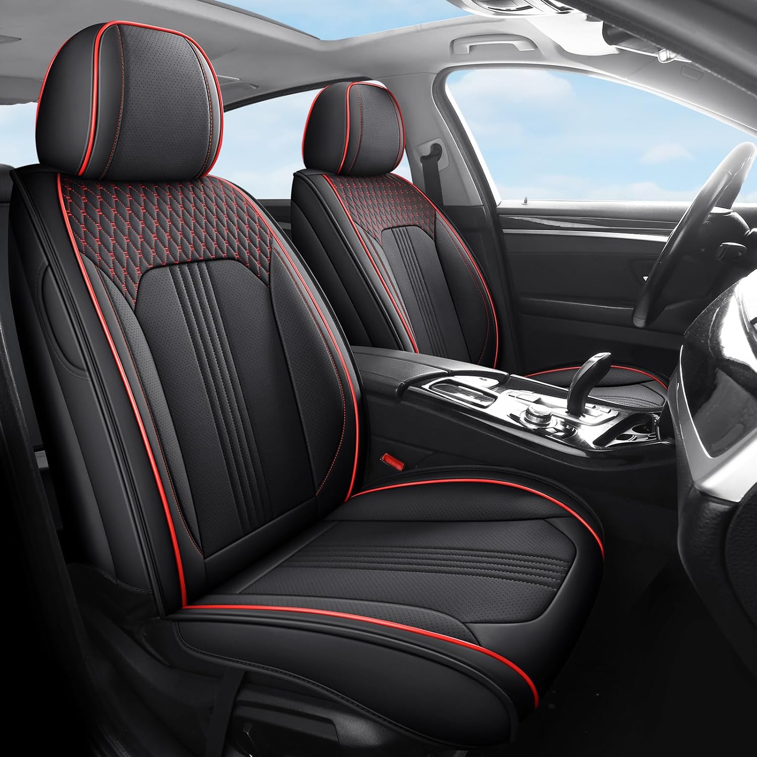 Leather Car Seat Covers 2 Front Seats  Black and Red PU Leather Full Wrap Front Seat Protector, Textured Design, Waterproof, Airbag Compatible, Universal Fit for Cars, SUVs, Trucks