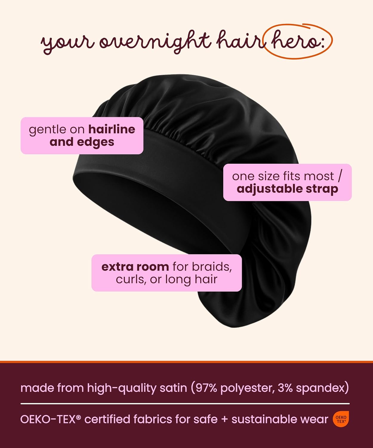 Cobana Adjustable Satin Sleep Bonnet – Silk Bonnet & Double-Lined Night Cap for All Hair Types – Soft, Slip-Resistant Hair Wrap for Sleeping (Black) - Image 3