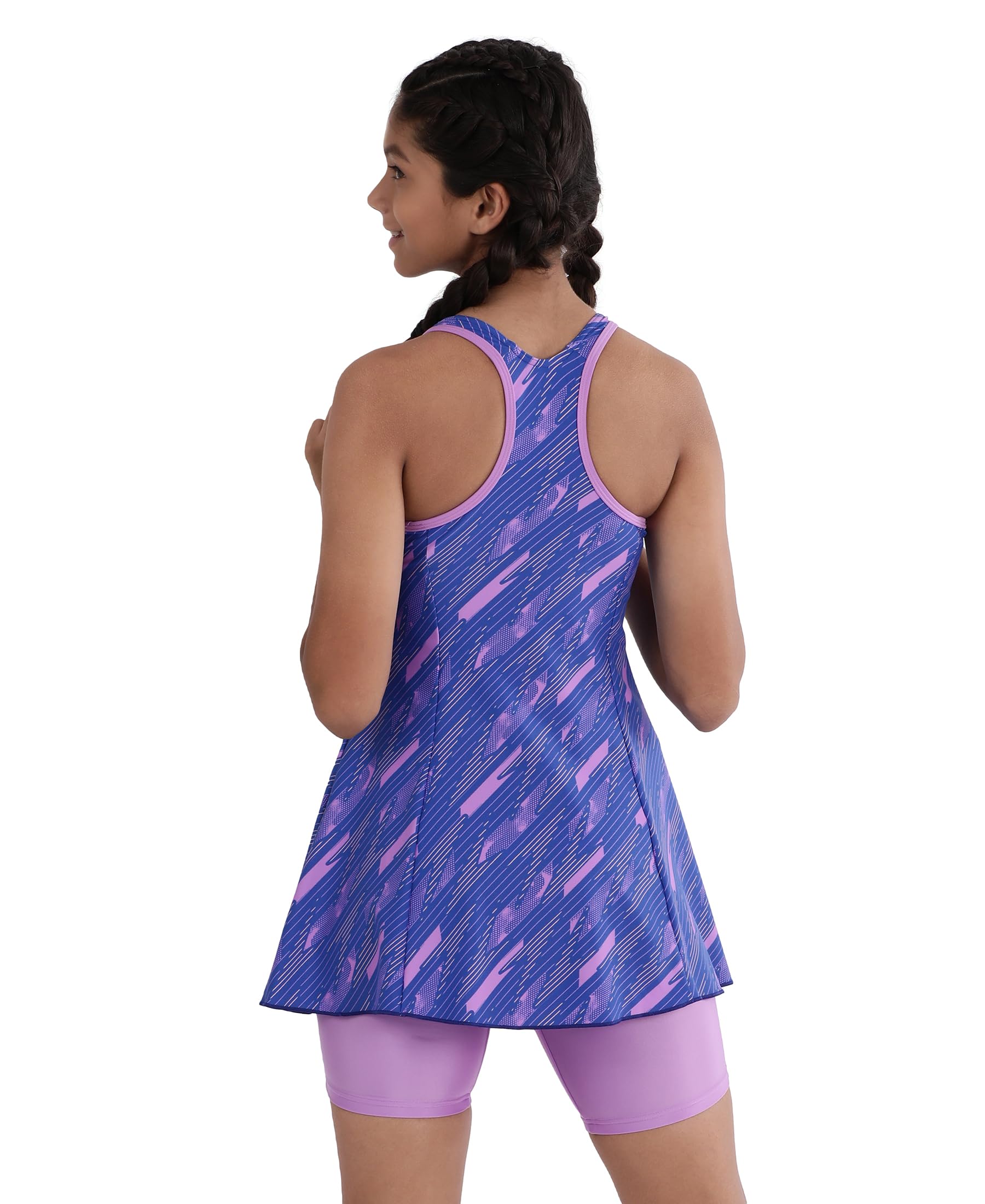 Speedo Girl's Endurance 10 High Chlorine Resistant UPF 40+ Sun Protection Printed Racerback Swimdress with Boyleg - Sweet Purple & True Cobalt 2