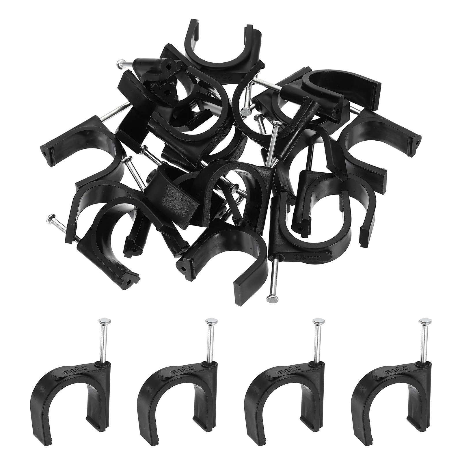 sourcing map 60pcs Cable Clips with Nail 25mm ID Circular Single Half Clamp J-Hook with Nail Cord Clips for Wires on Wall for Ethernet Tacks Coax Pex Tubing Pipe Support, Black