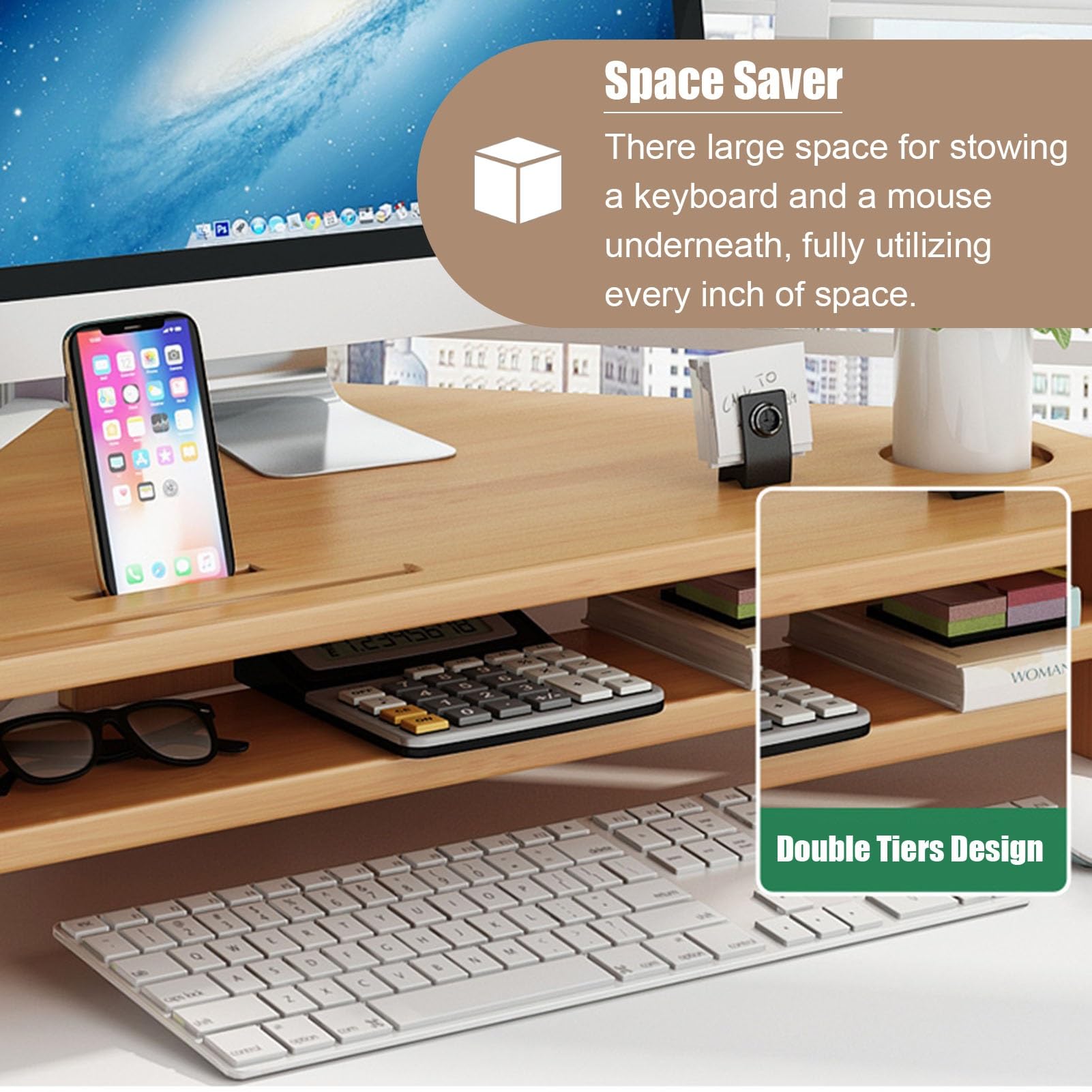 Eck-Monitorständer, 2-stöckig, Schreibtisch und Erhöhung, dreieckiges Design mit Aufbewahrung, natürliches Finish, für Zuhause, Büro, ergonomisch, höhenverstellbar, stilvolles Schreibtischzubehör