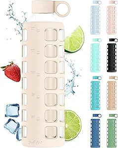 purifyou 40oz / 32oz / 22oz / 12oz Borosilicate Glass Water Bottle with Time & Volume Markers, Silicone Sleeve, Stainless Steel Lid | Reusable Glass Bottle for Water & Juice (32oz Pearled Ivory)