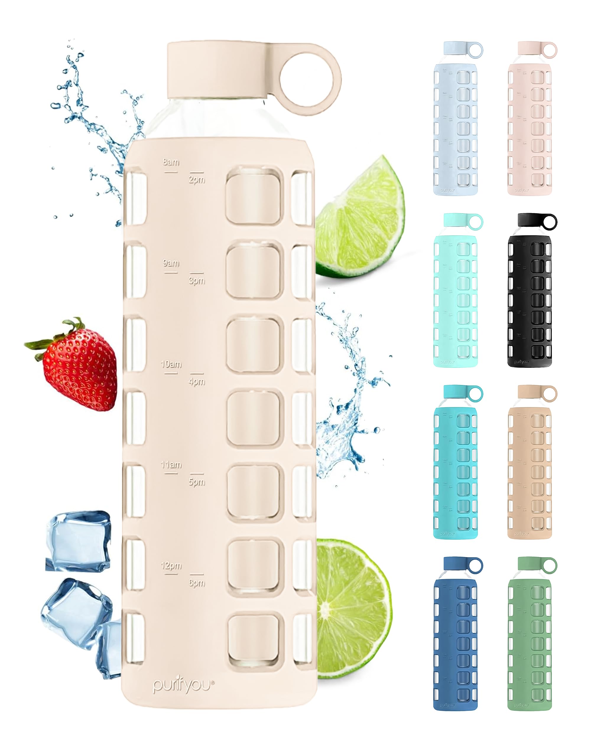 purifyou Glass Water Bottles with Volume and Drinking Time, Extra Thick Silicone Sleeve Reusable for Refrigerator, Water, Milk, Juice (950ml, Pearl Ivory)